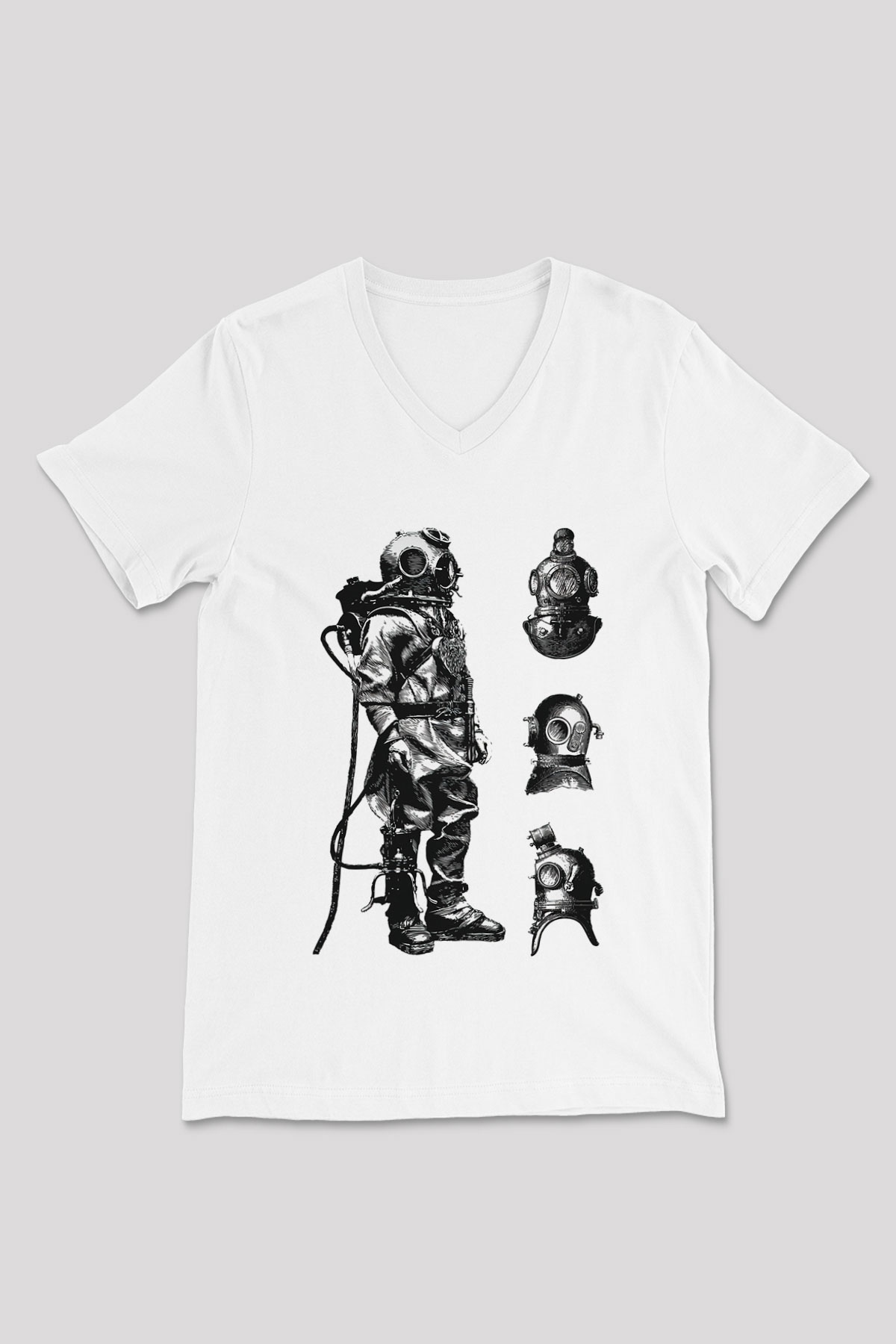 Dalgıç Beyaz Unisex V Yaka Tişört T-Shirt