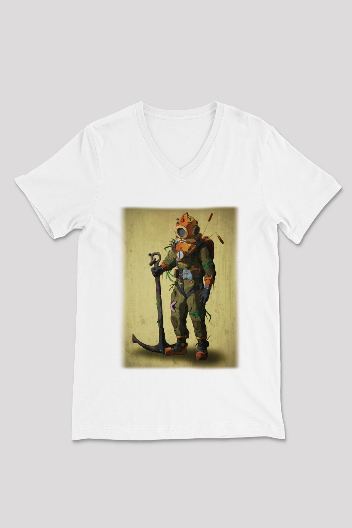 Dalgıç Beyaz Unisex V Yaka Tişört T-Shirt