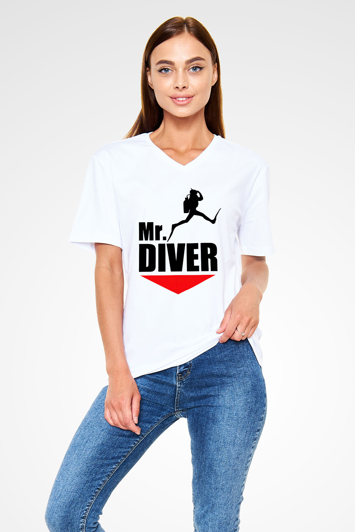 Dalgıç Beyaz Unisex V Yaka Tişört T-Shirt
