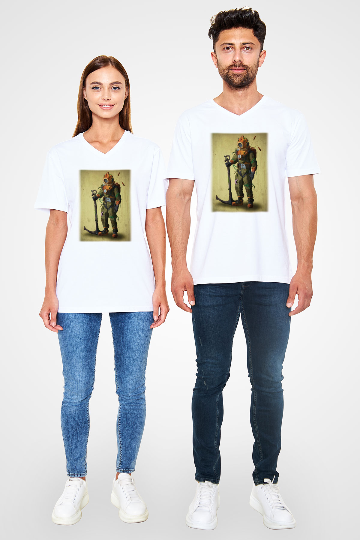 Dalgıç Beyaz Unisex V Yaka Tişört T-Shirt