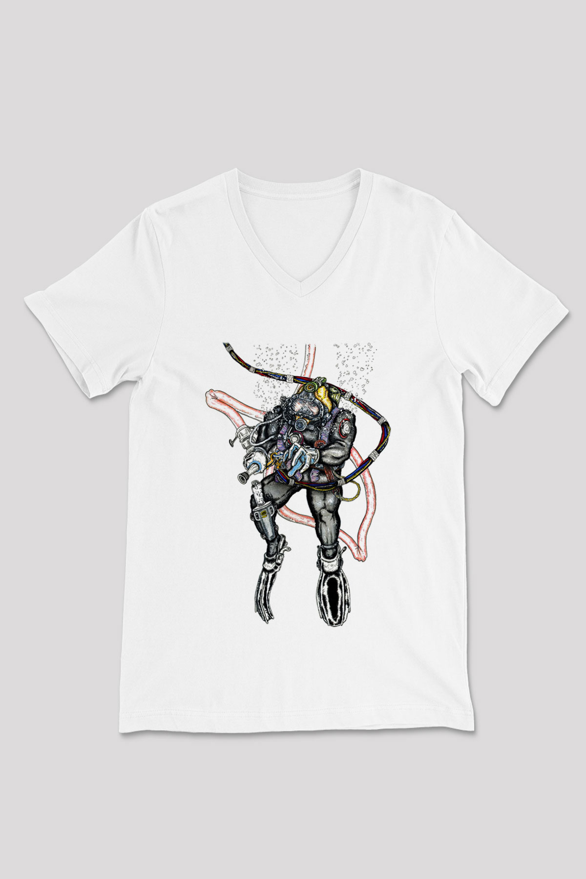 Dalgıç Beyaz Unisex V Yaka Tişört T-Shirt