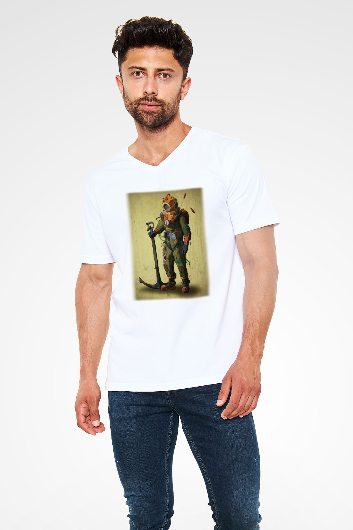 Dalgıç Beyaz Unisex V Yaka Tişört T-Shirt