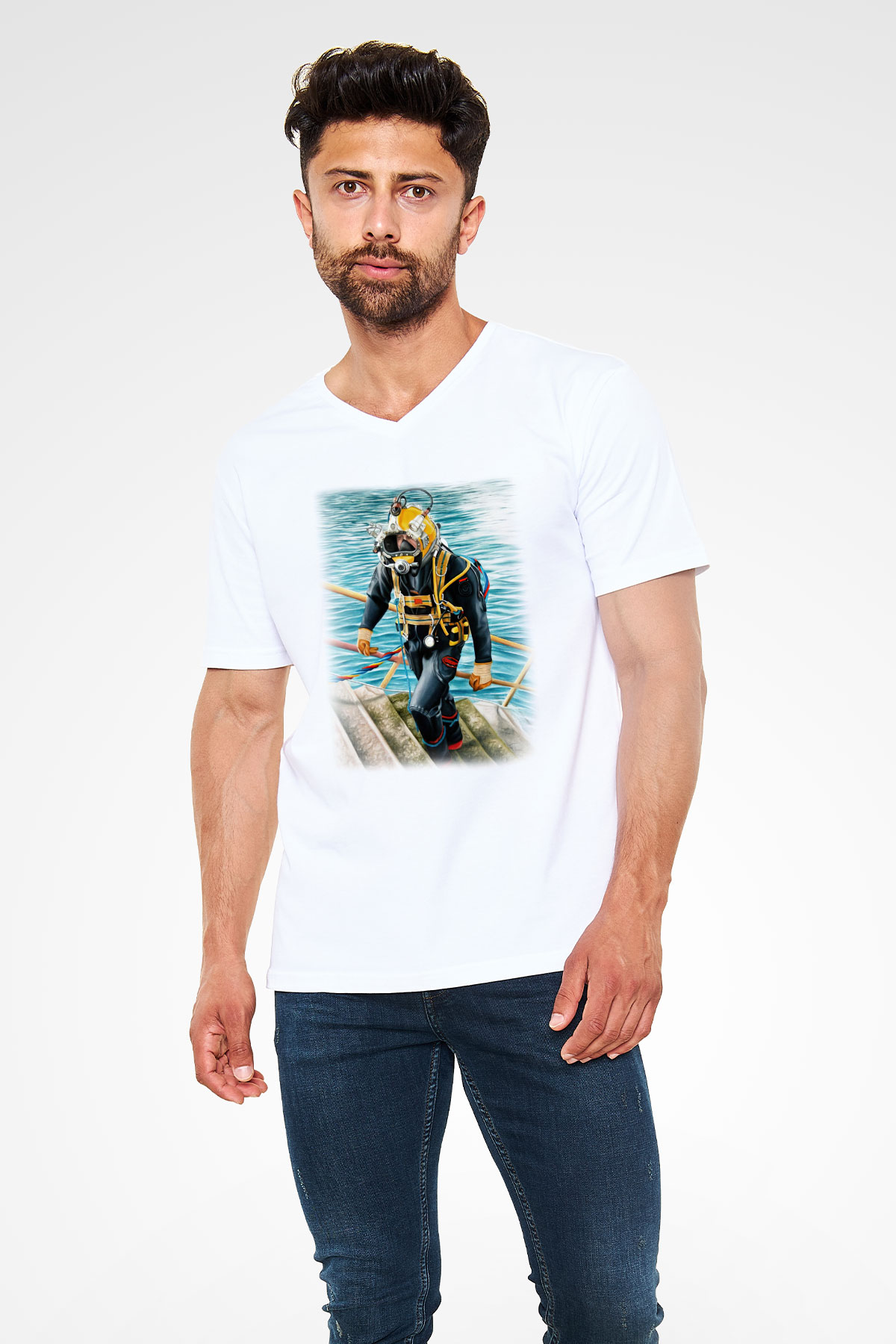 Dalgıç Beyaz Unisex V Yaka Tişört T-Shirt