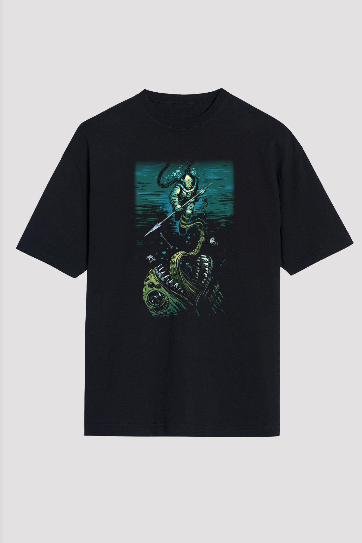 Dalgıç Siyah Unisex Oversize Tişört T-Shirt
