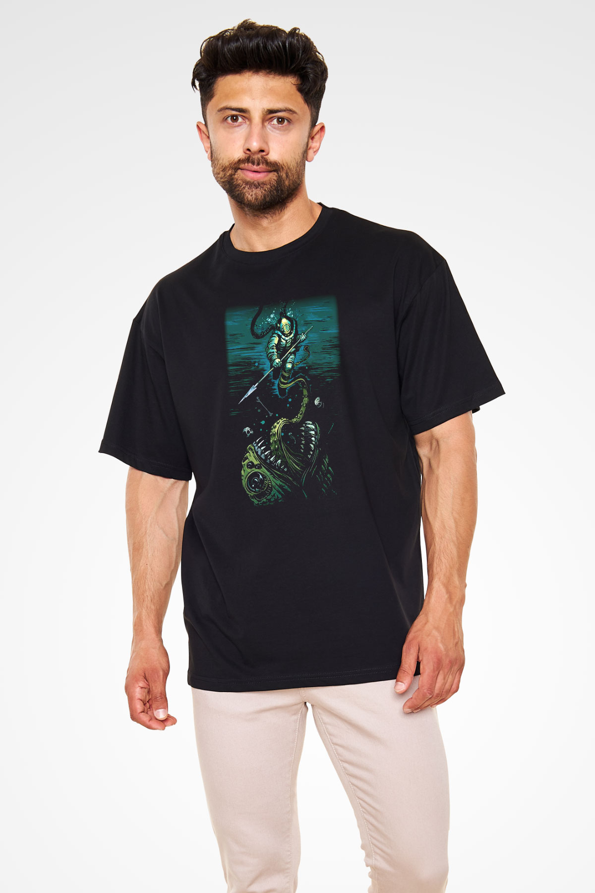 Dalgıç Siyah Unisex Oversize Tişört T-Shirt