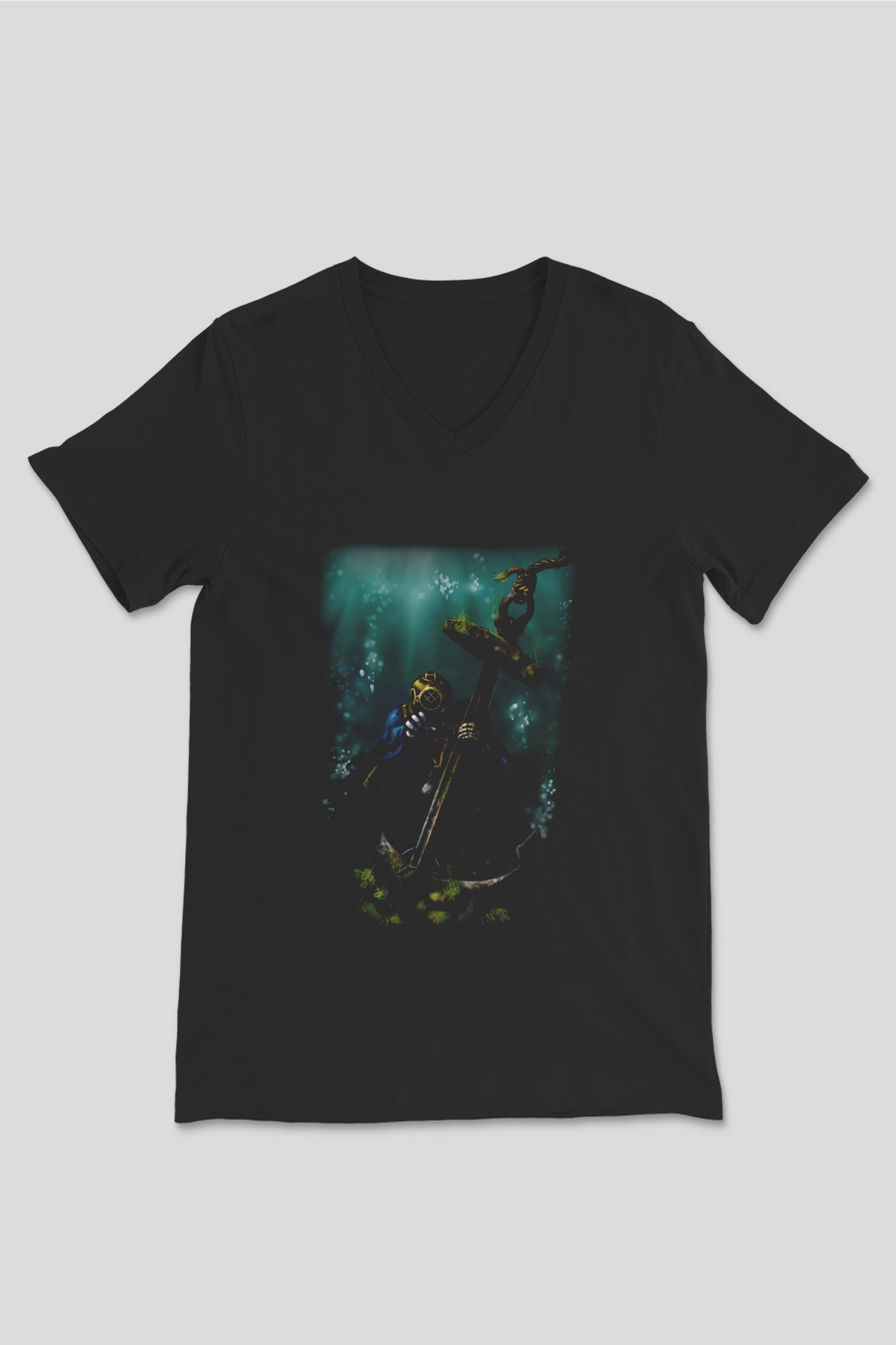 Dalgıç Siyah Unisex V Yaka Tişört T-Shirt