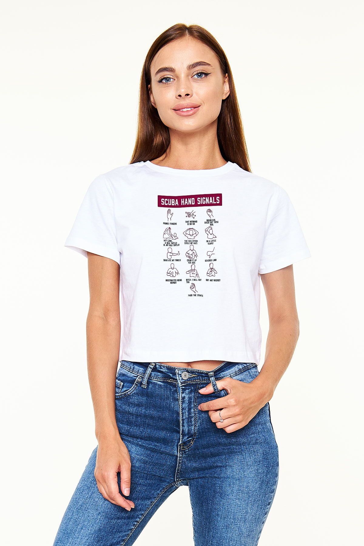 Dalgıçlık Baskılı Crop Top Beyaz Tişört - T-shirt