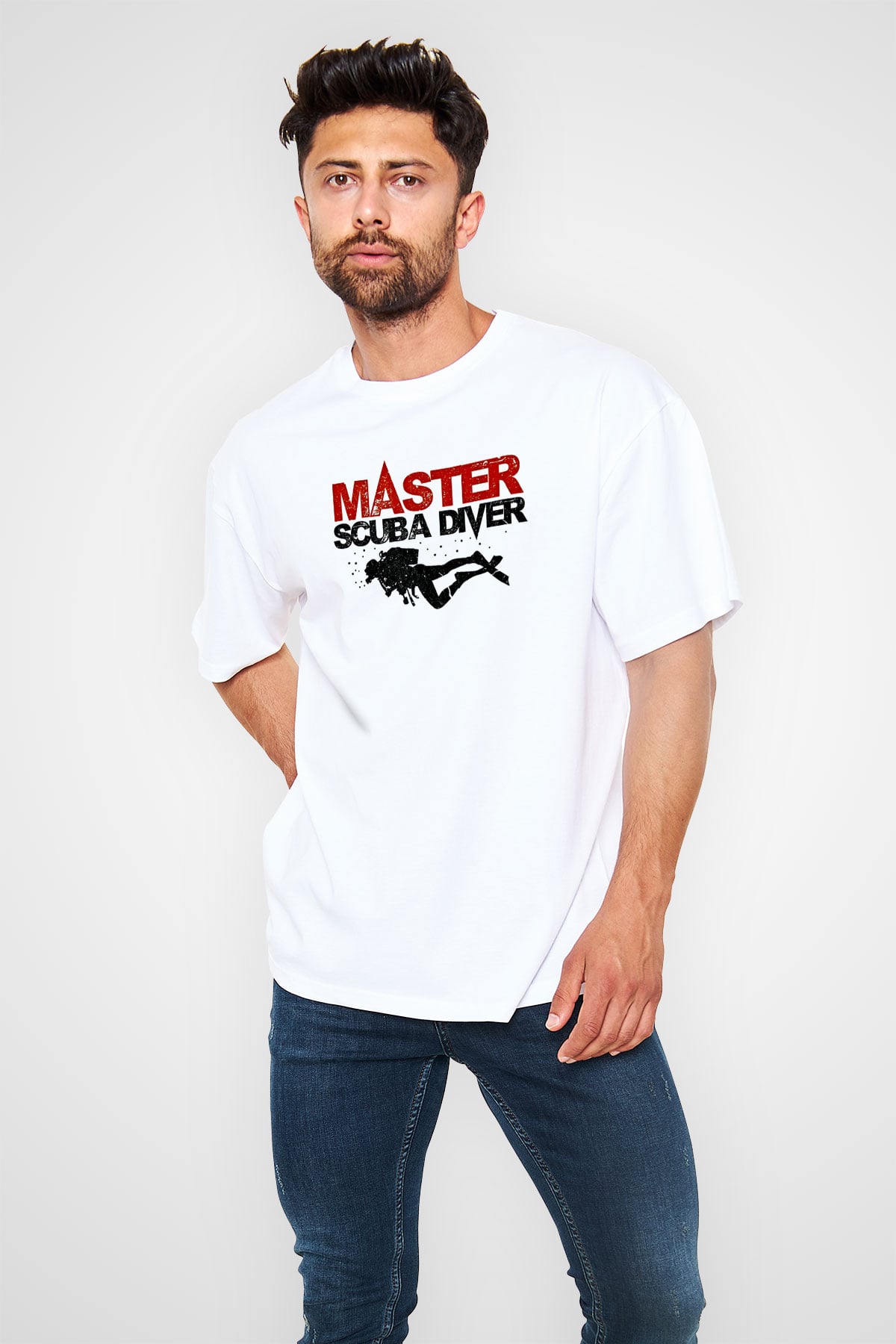 Dalgıçlık Baskılı Unisex Beyaz Oversize Tişört - Tshirt