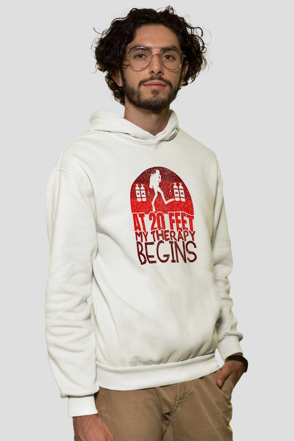 Dalgıçlık Baskılı Unisex Ekru Hoodie