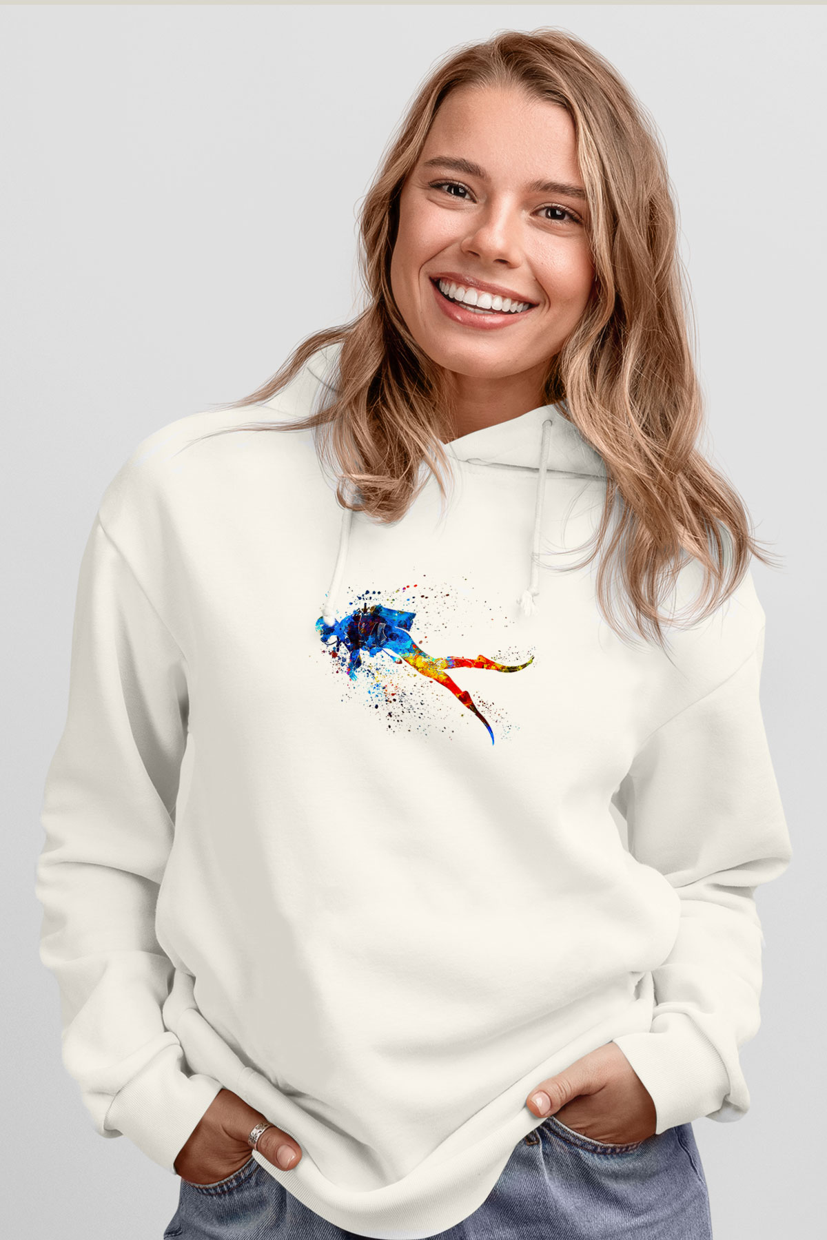 Dalgıçlık Baskılı Unisex Ekru Hoodie