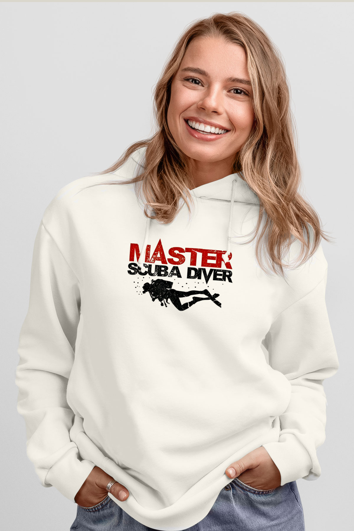 Dalgıçlık Baskılı Unisex Ekru Hoodie