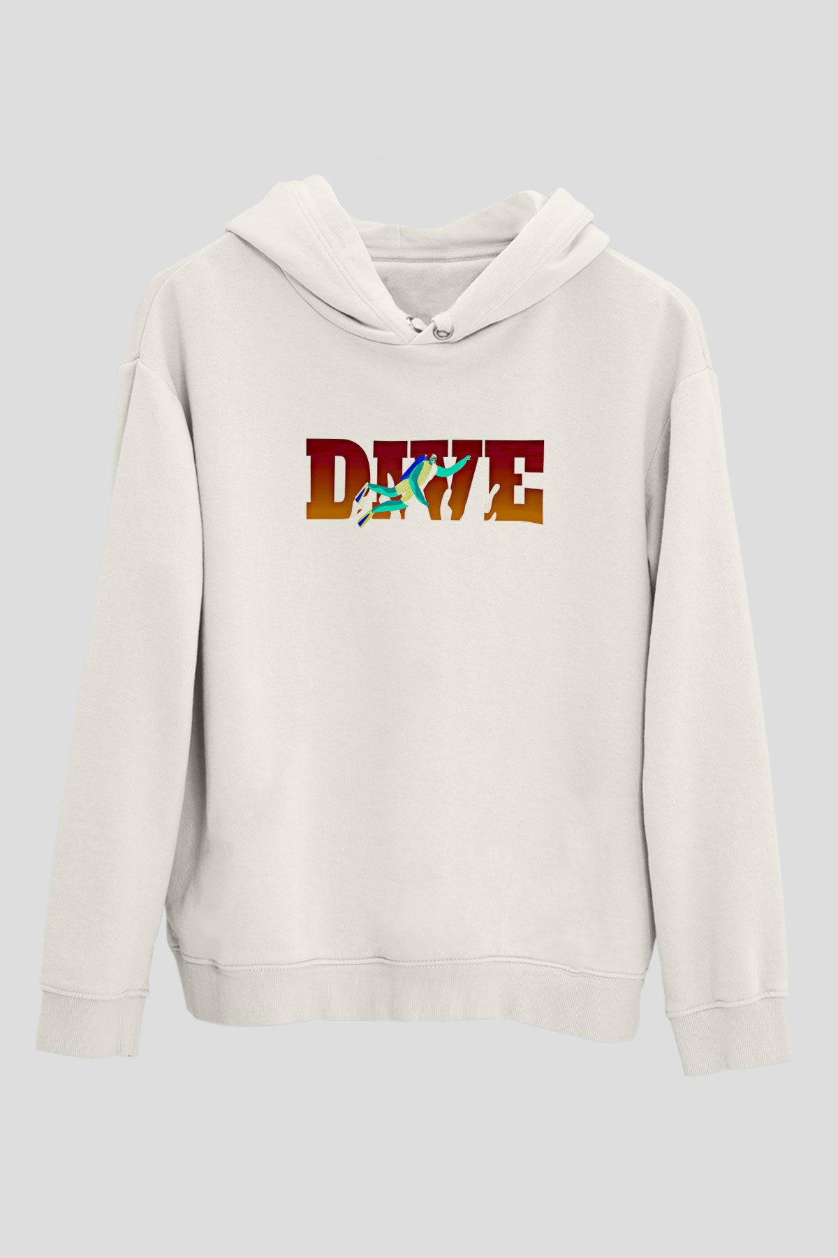 Dalgıçlık Baskılı Unisex Ekru Hoodie