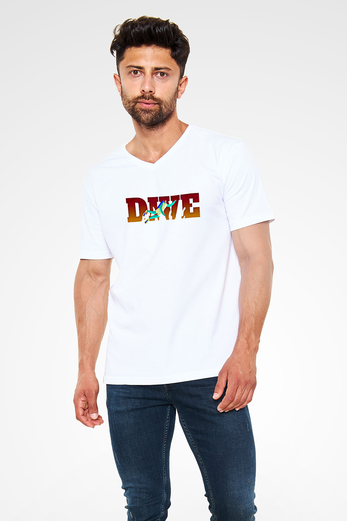 Dalgıçlık Baskılı Unisex V Yaka Tişört - Tshirt