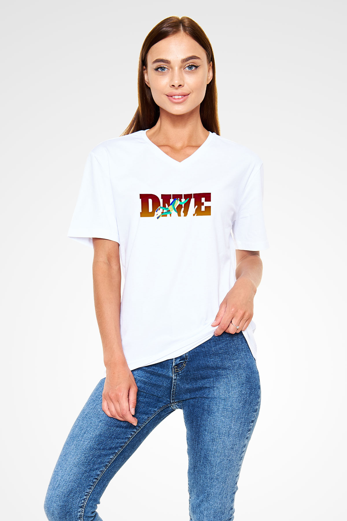 Dalgıçlık Baskılı Unisex V Yaka Tişört - Tshirt