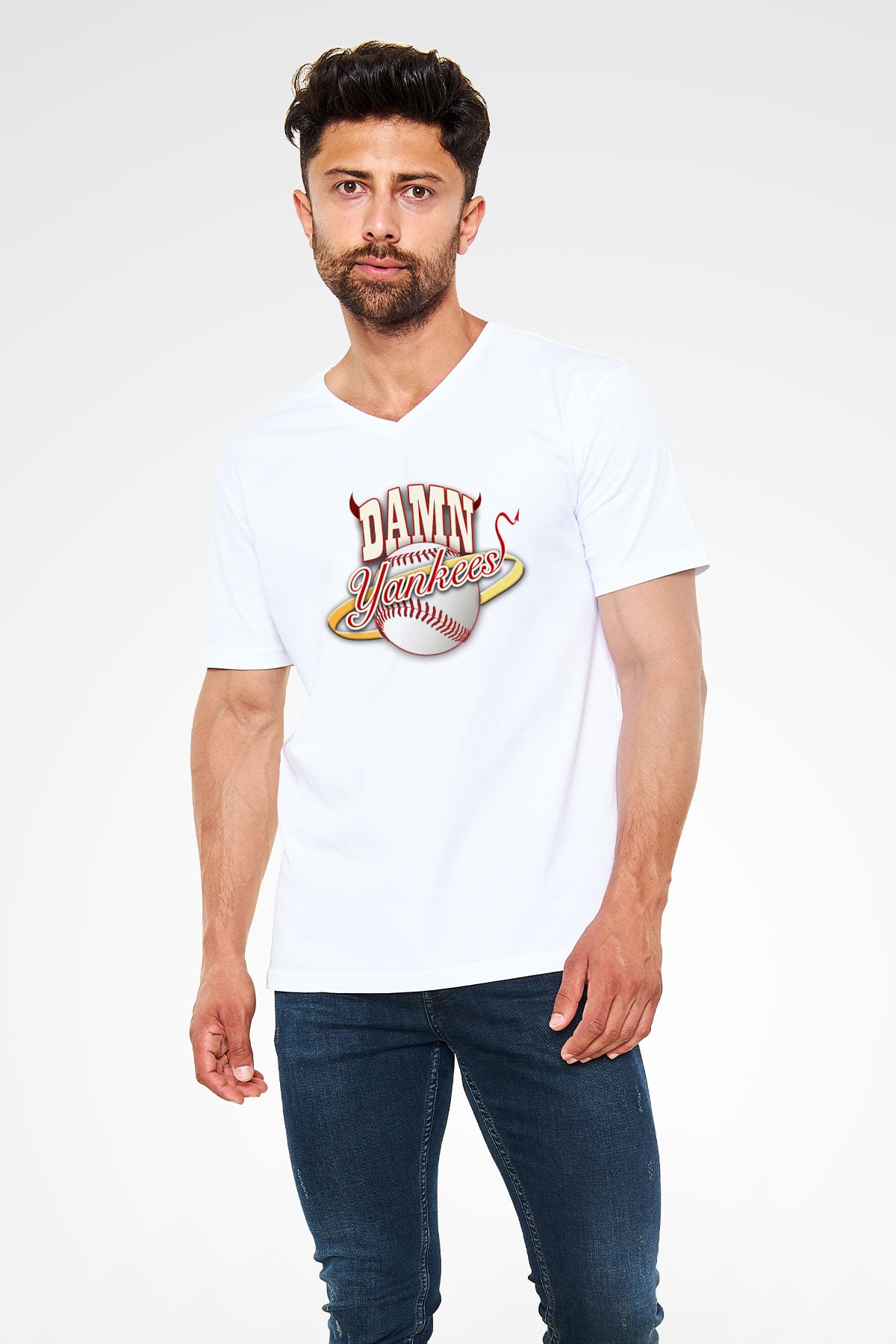 Damn Yankees Beyaz Unisex V Yaka Tişört
