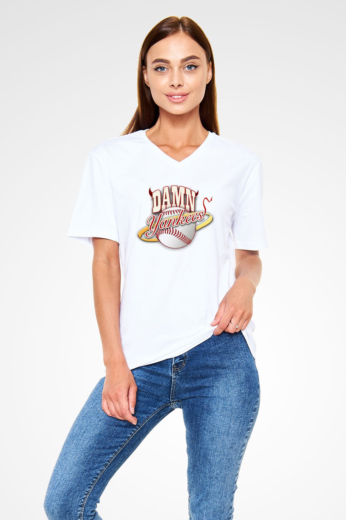 Damn Yankees Beyaz Unisex V Yaka Tişört