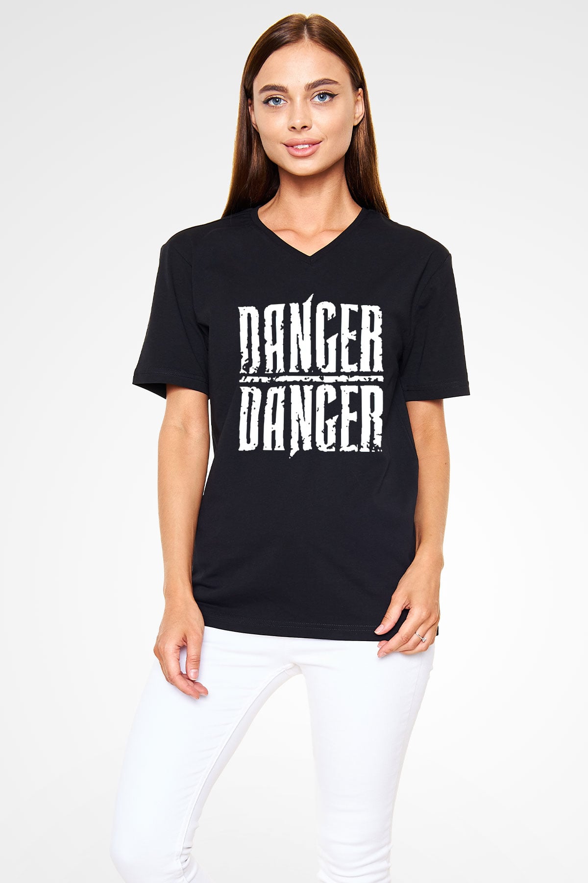 Danger Danger Siyah Unisex V Yaka Tişört