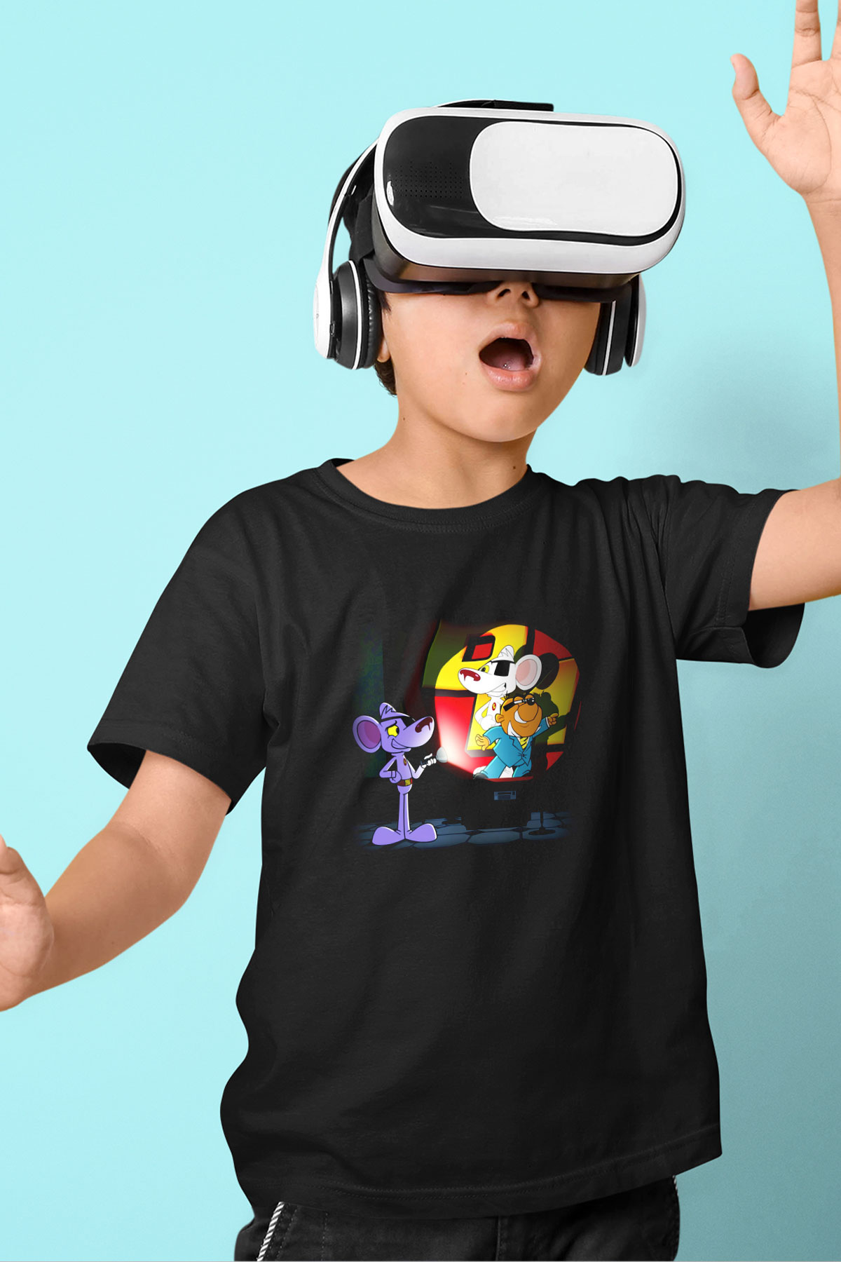 Danger Mouse Baskılı Siyah Unisex Çocuk Tişört