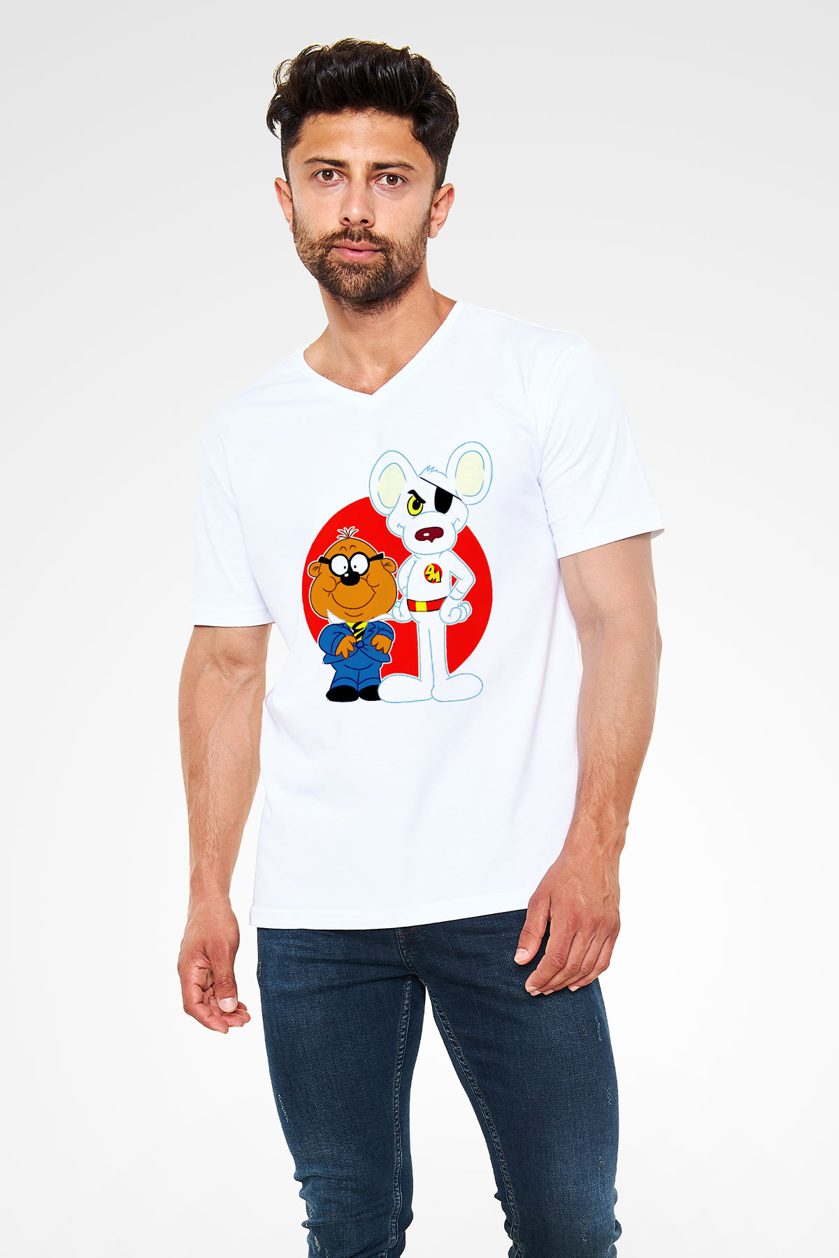 Danger Mouse Beyaz Unisex  V Yaka Tişört