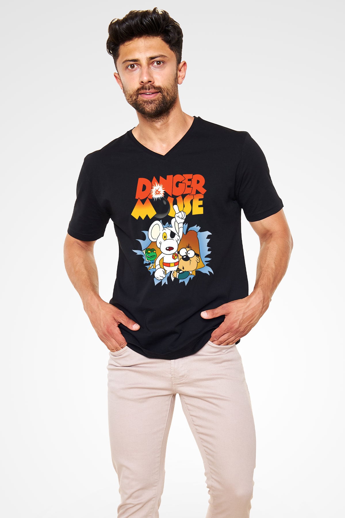 Danger Mouse Siyah Unisex  V Yaka Tişört