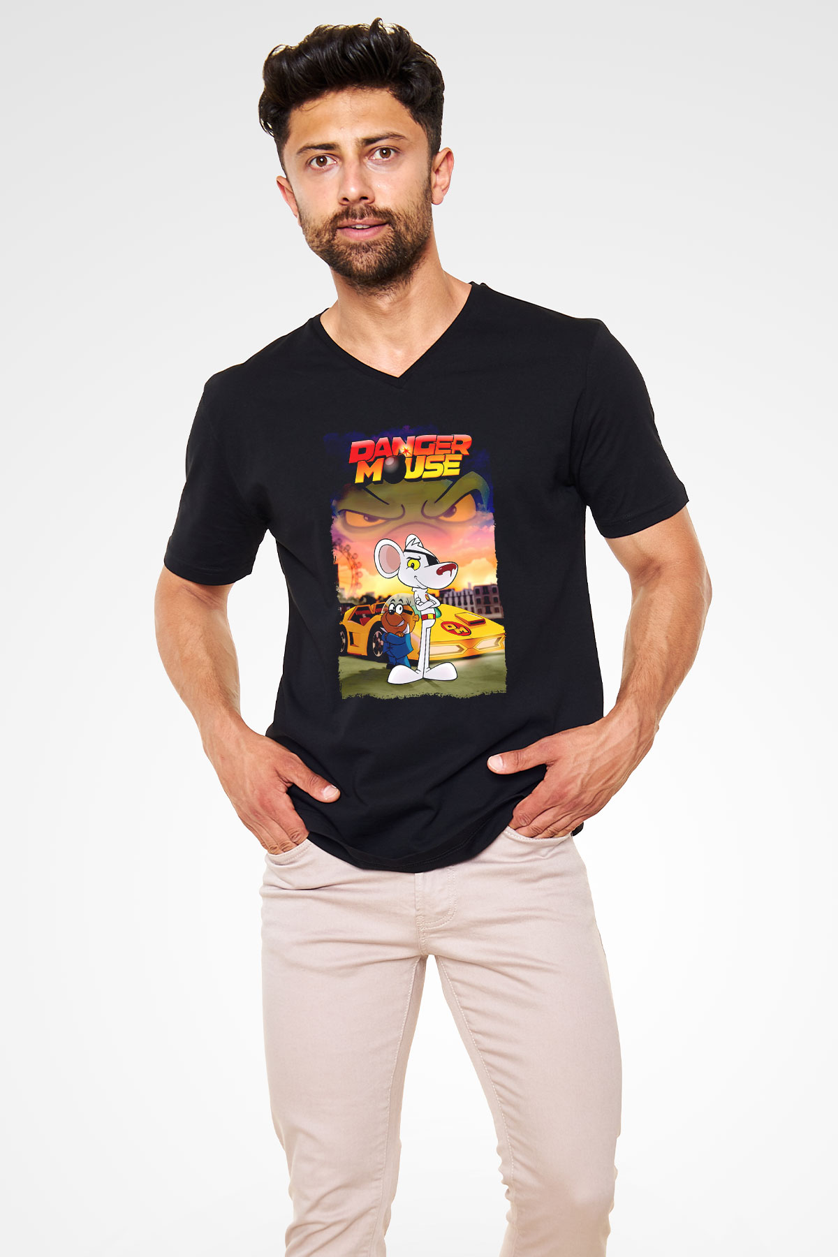 Danger Mouse Siyah Unisex  V Yaka Tişört