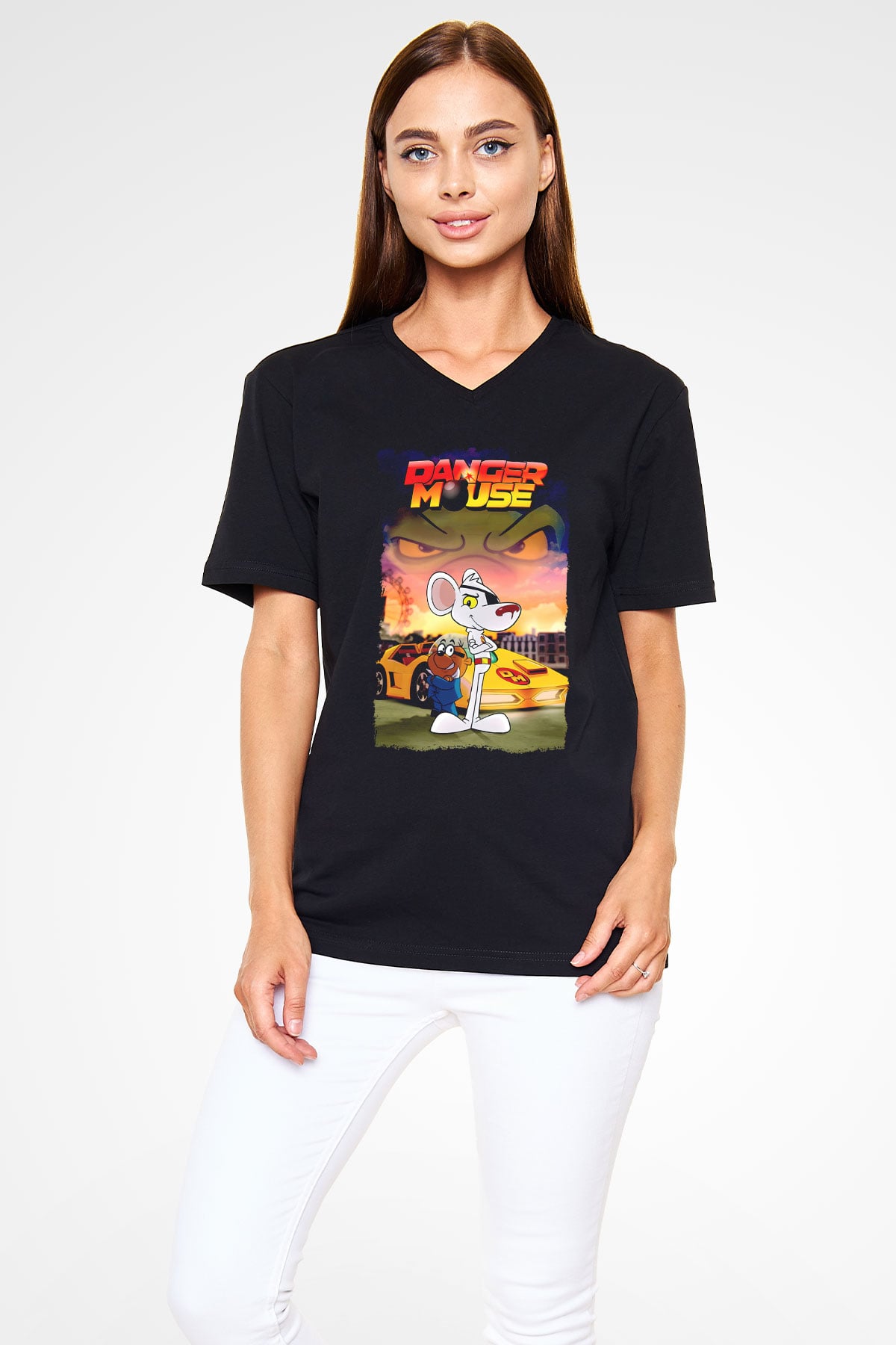 Danger Mouse Siyah Unisex  V Yaka Tişört