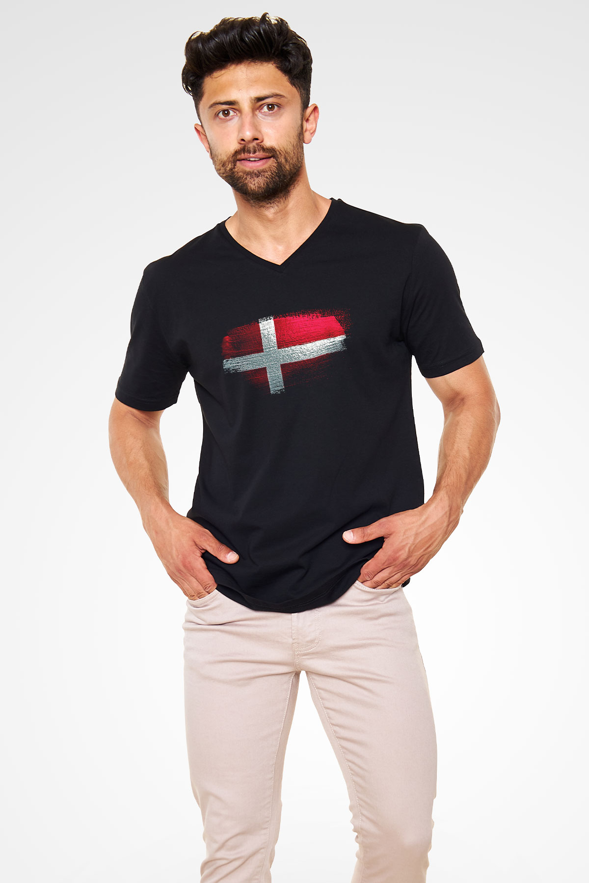 Danimarka - Denmark Bayrağı Baskılı Unisex Siyah V Yaka Tişört
