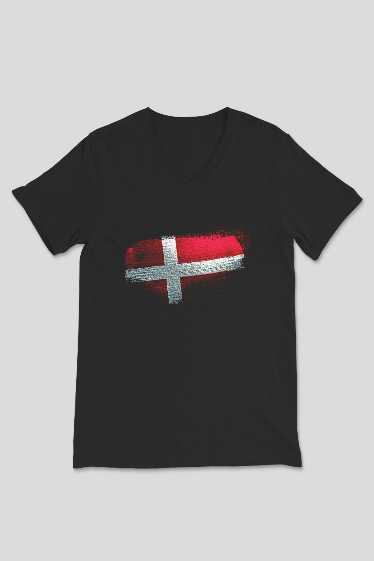 Danimarka - Denmark Bayrağı Baskılı Unisex Siyah V Yaka Tişört