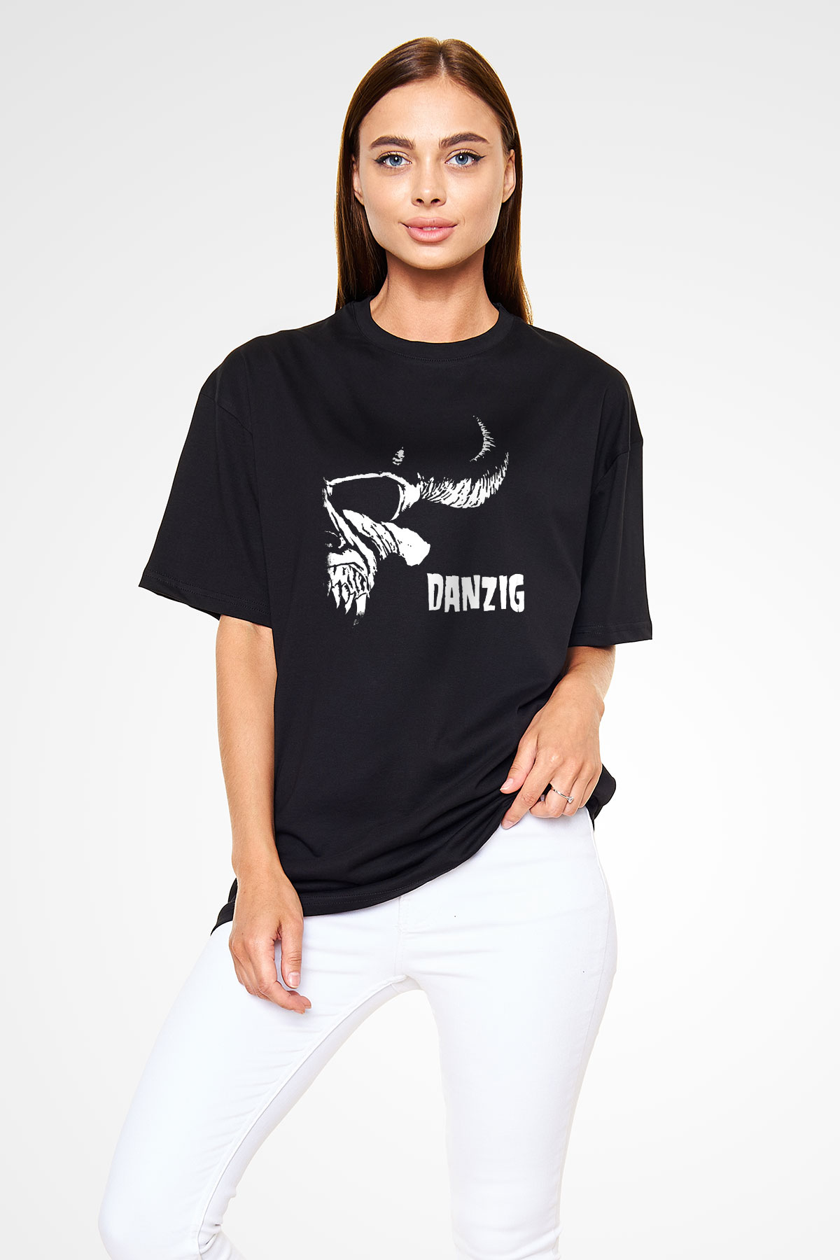 Danzig Baskılı Unisex Siyah Oversize Tişört