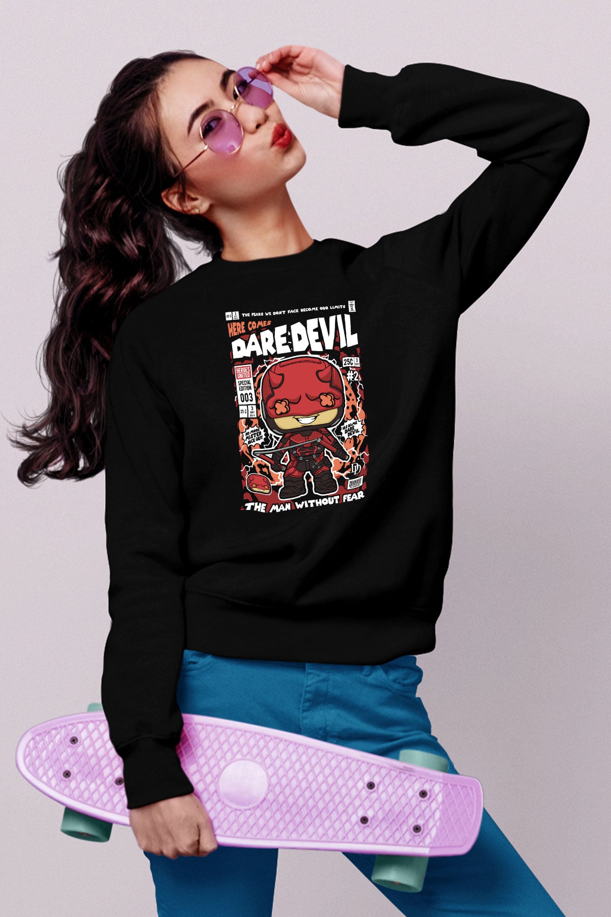 Dare Devil Baskılı Unisex Siyah Sweatshirt