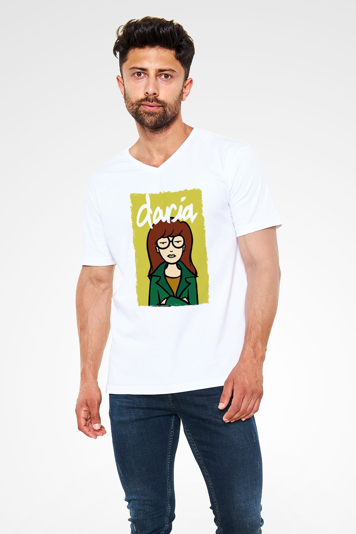 Daria Beyaz Unisex V Yaka Tişört