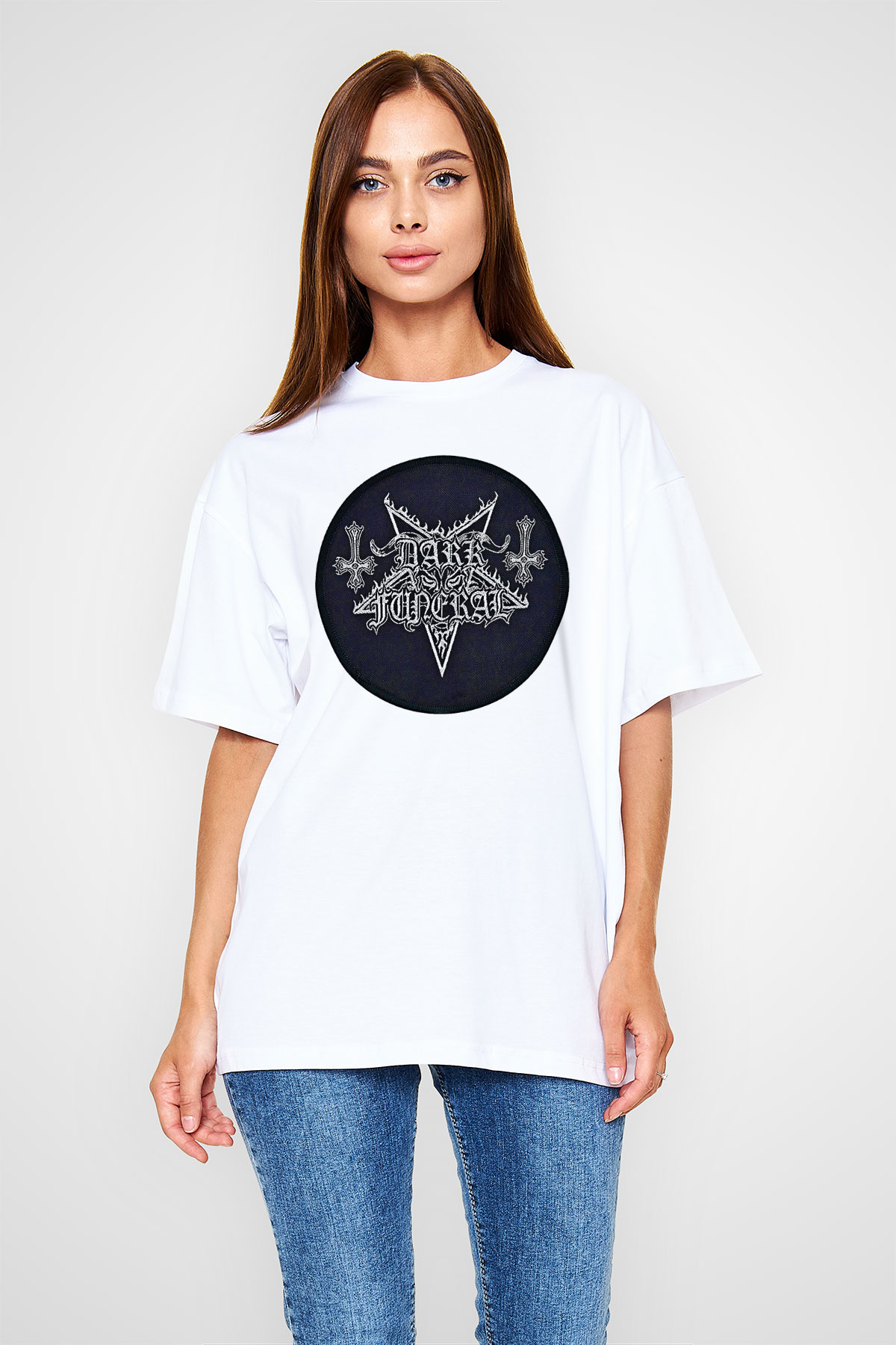 Dark Funeral Baskılı Beyaz Unisex Oversize Tişört - Tshirt