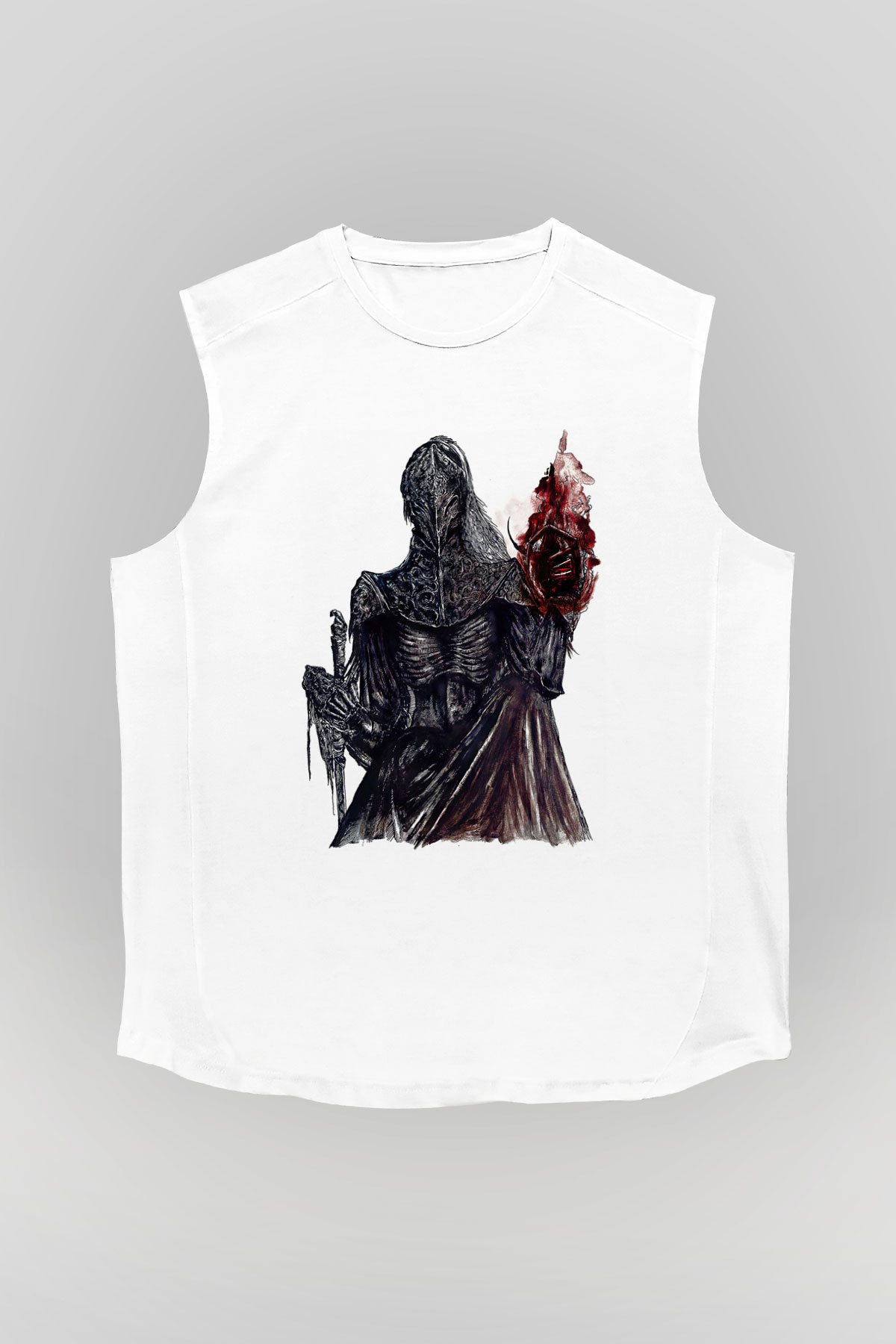 Dark Souls Baskılı Beyaz Unisex Kolsuz Tişört - Tshirt
