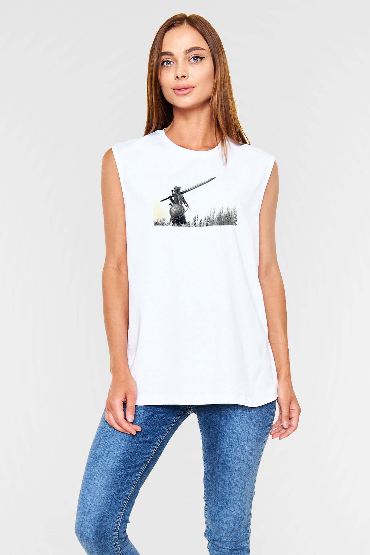 Dark Souls Baskılı Beyaz Unisex Kolsuz Tişört - Tshirt
