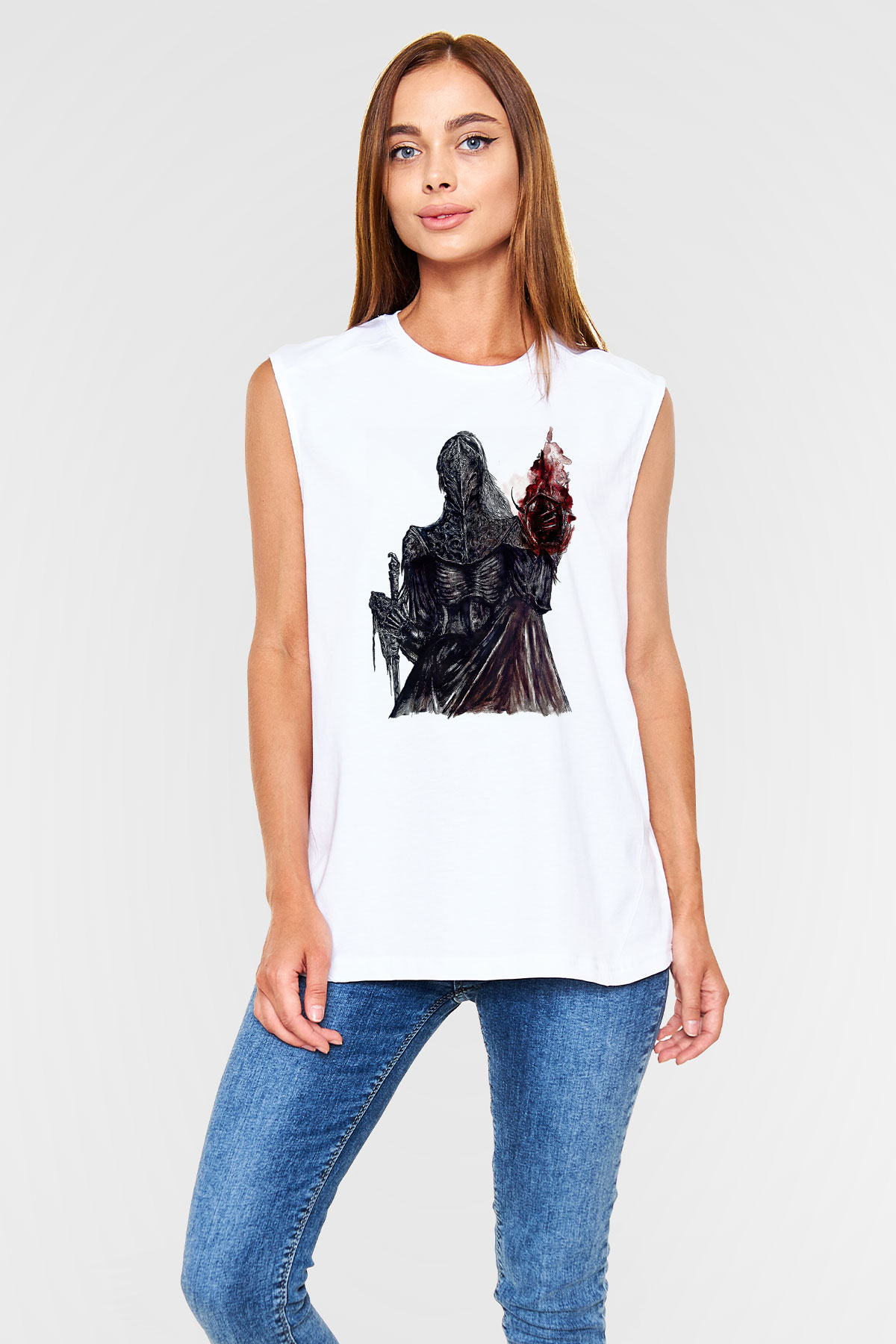 Dark Souls Baskılı Beyaz Unisex Kolsuz Tişört - Tshirt