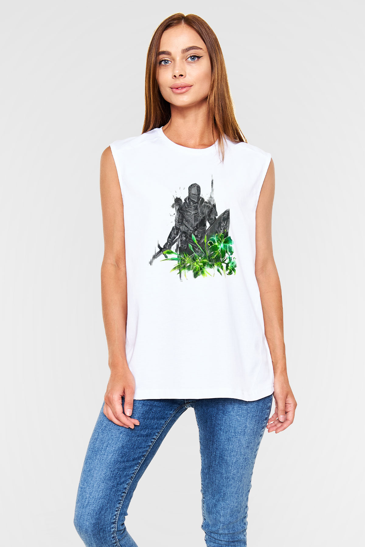 Dark Souls Baskılı Beyaz Unisex Kolsuz Tişört - Tshirt