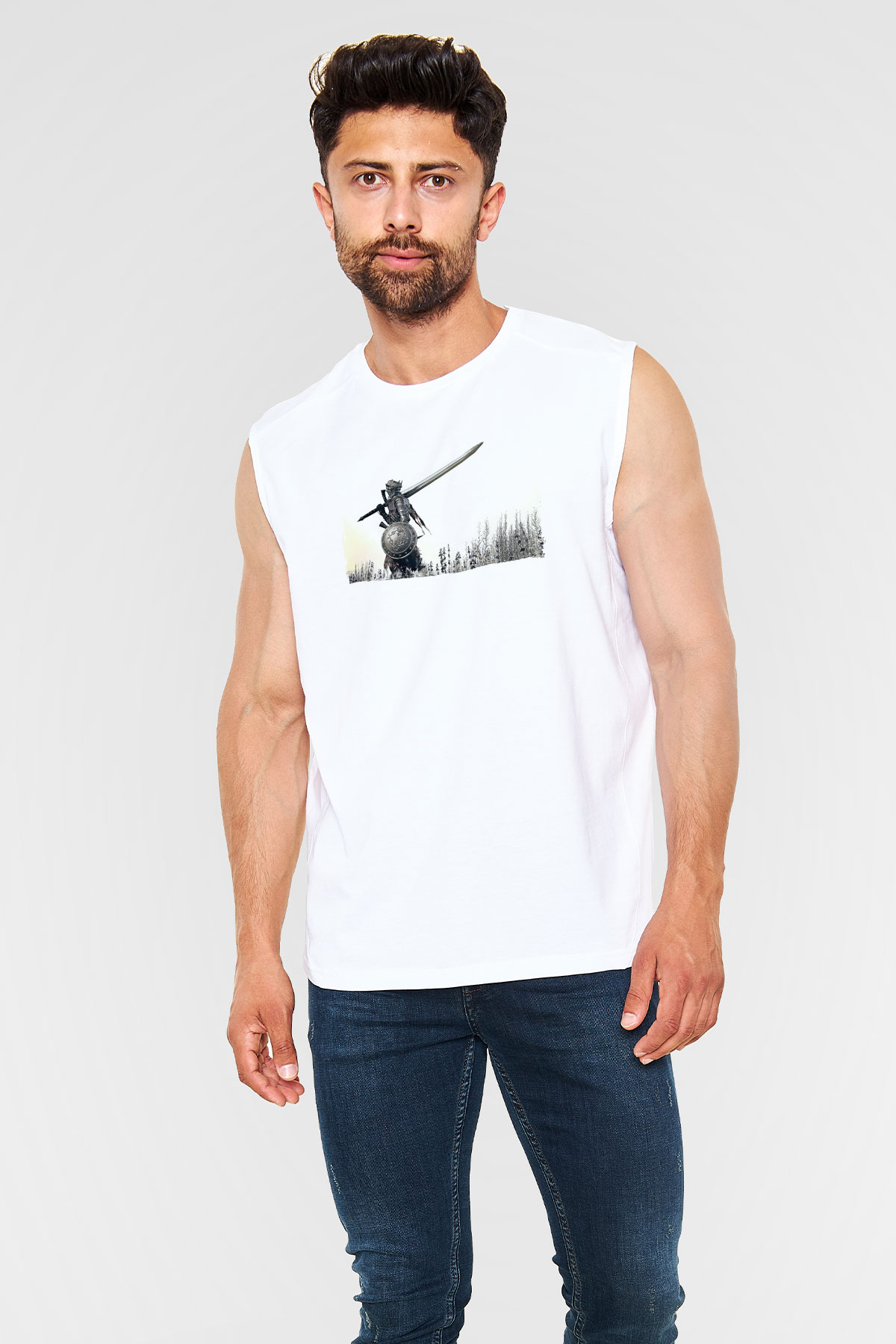 Dark Souls Baskılı Beyaz Unisex Kolsuz Tişört - Tshirt