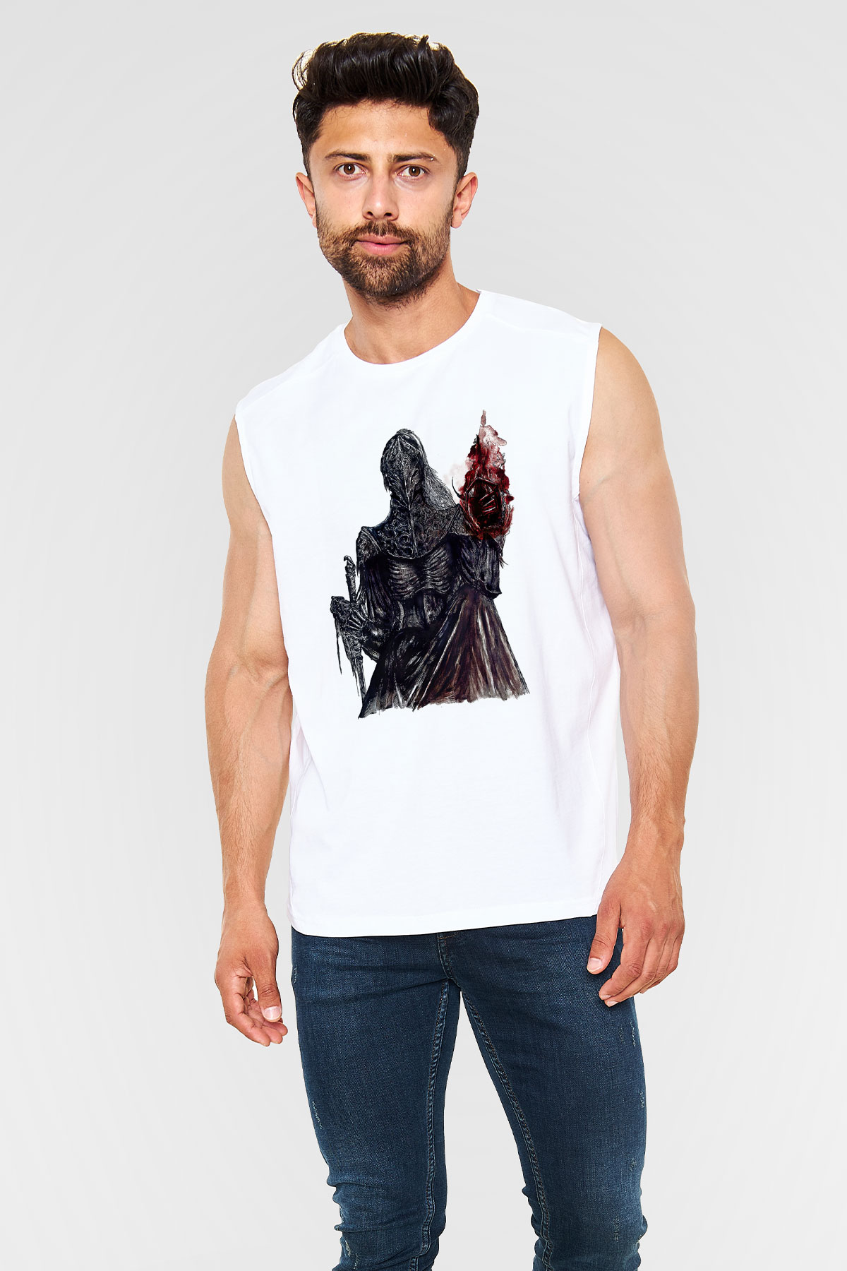 Dark Souls Baskılı Beyaz Unisex Kolsuz Tişört - Tshirt