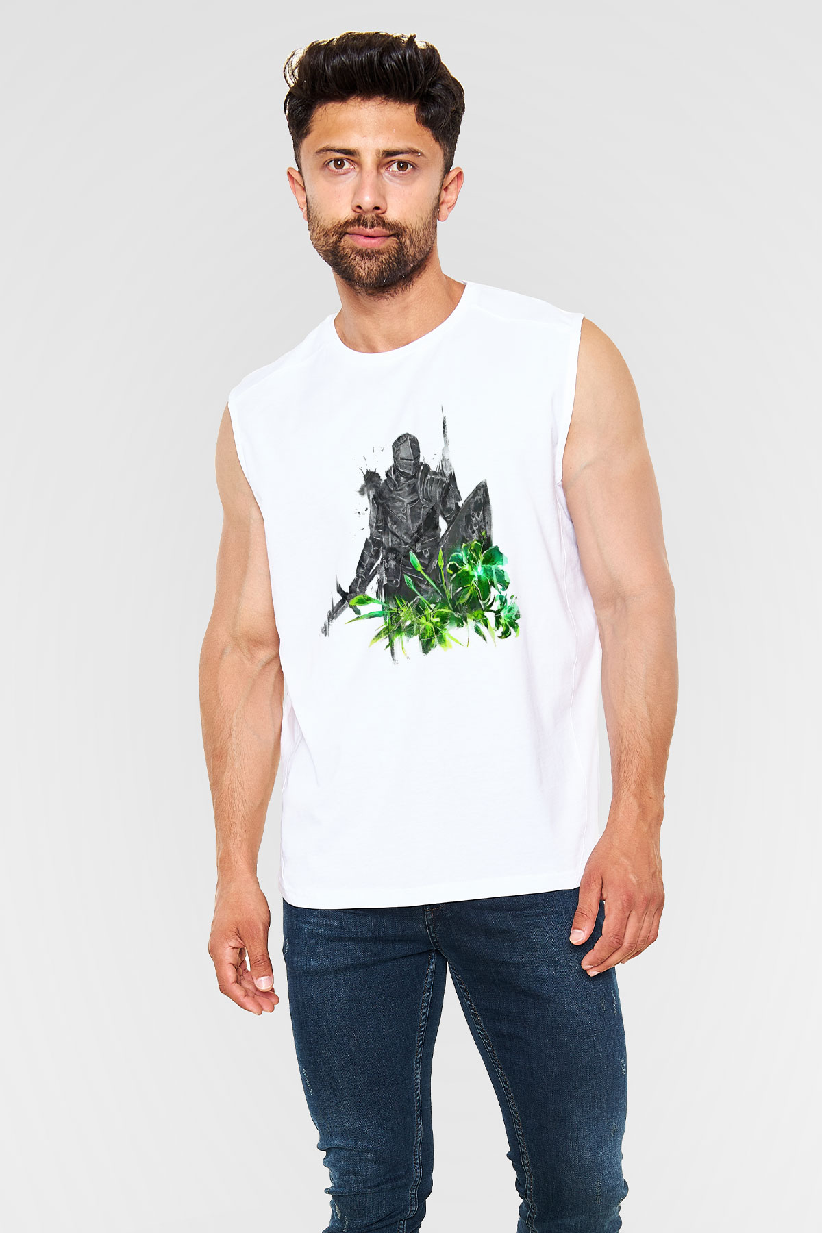 Dark Souls Baskılı Beyaz Unisex Kolsuz Tişört - Tshirt