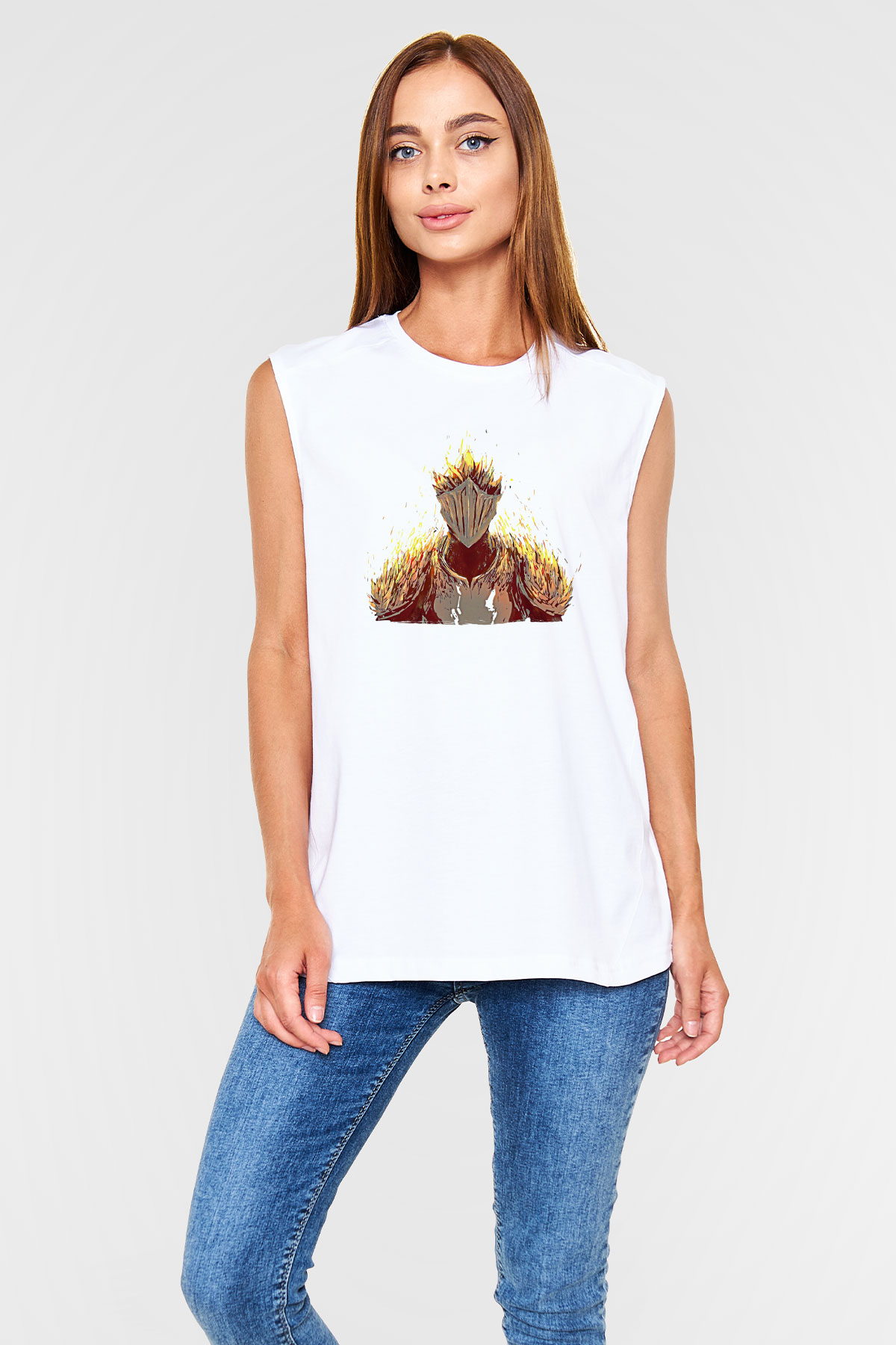 Dark Souls Baskılı Beyaz Unisex Kolsuz Tişört - Tshirt