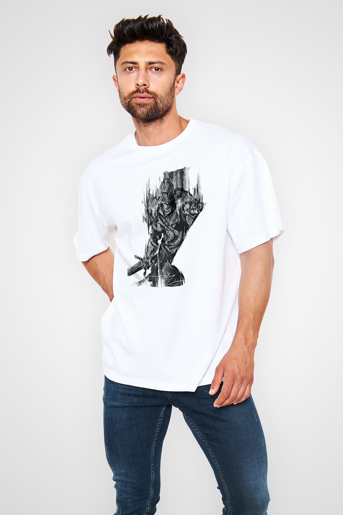 Dark Souls Baskılı Beyaz Unisex Oversize Tişört - Tshirt