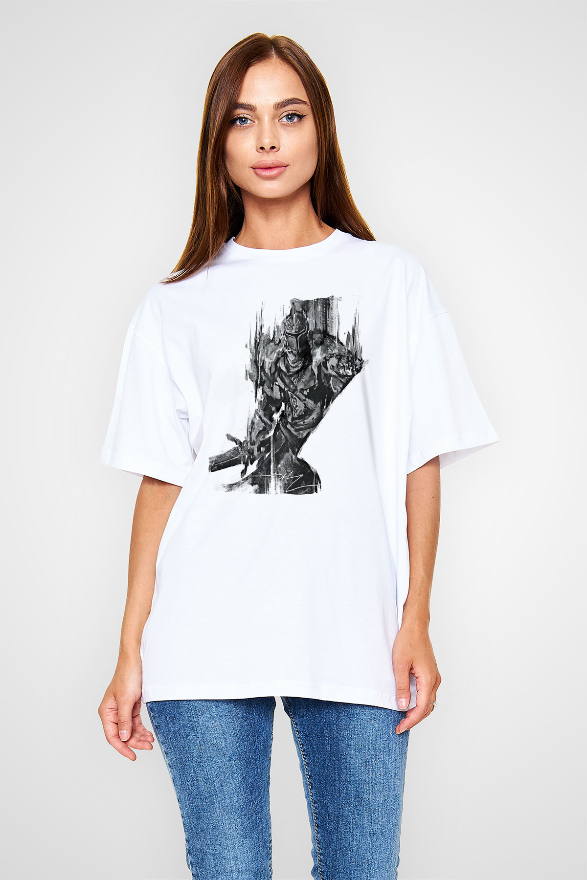 Dark Souls Baskılı Beyaz Unisex Oversize Tişört - Tshirt