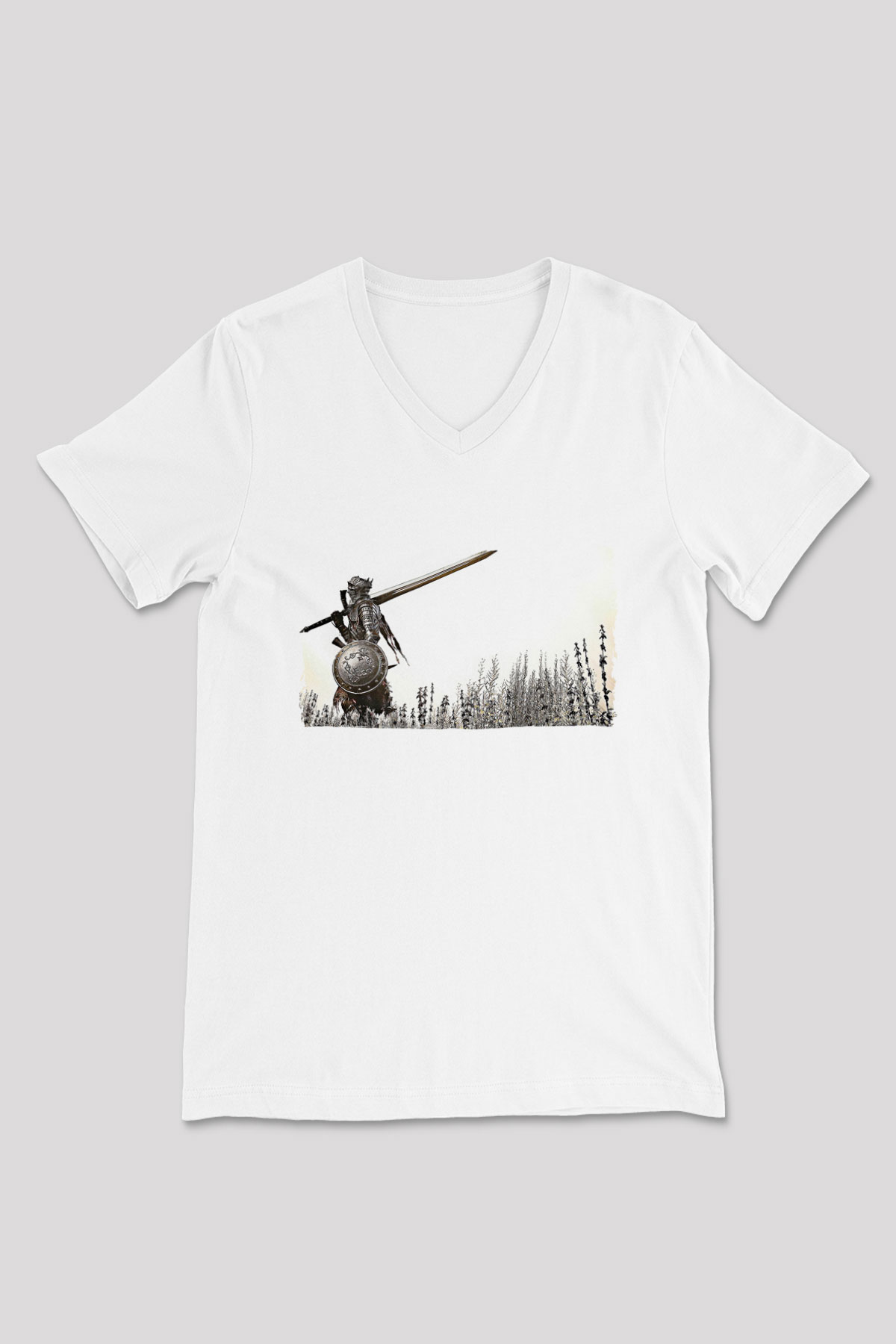 Dark Souls Baskılı Beyaz Unisex V Yaka Tişört - Tshirt