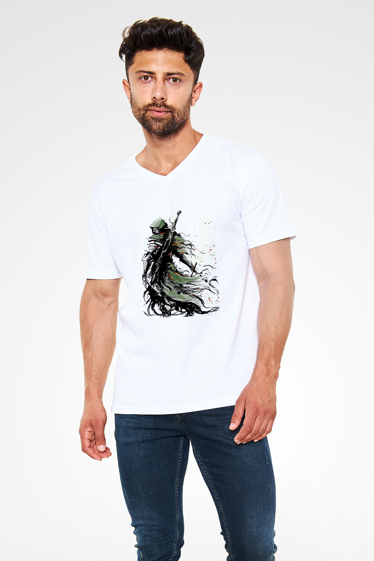 Dark Souls Baskılı Beyaz Unisex V Yaka Tişört - Tshirt