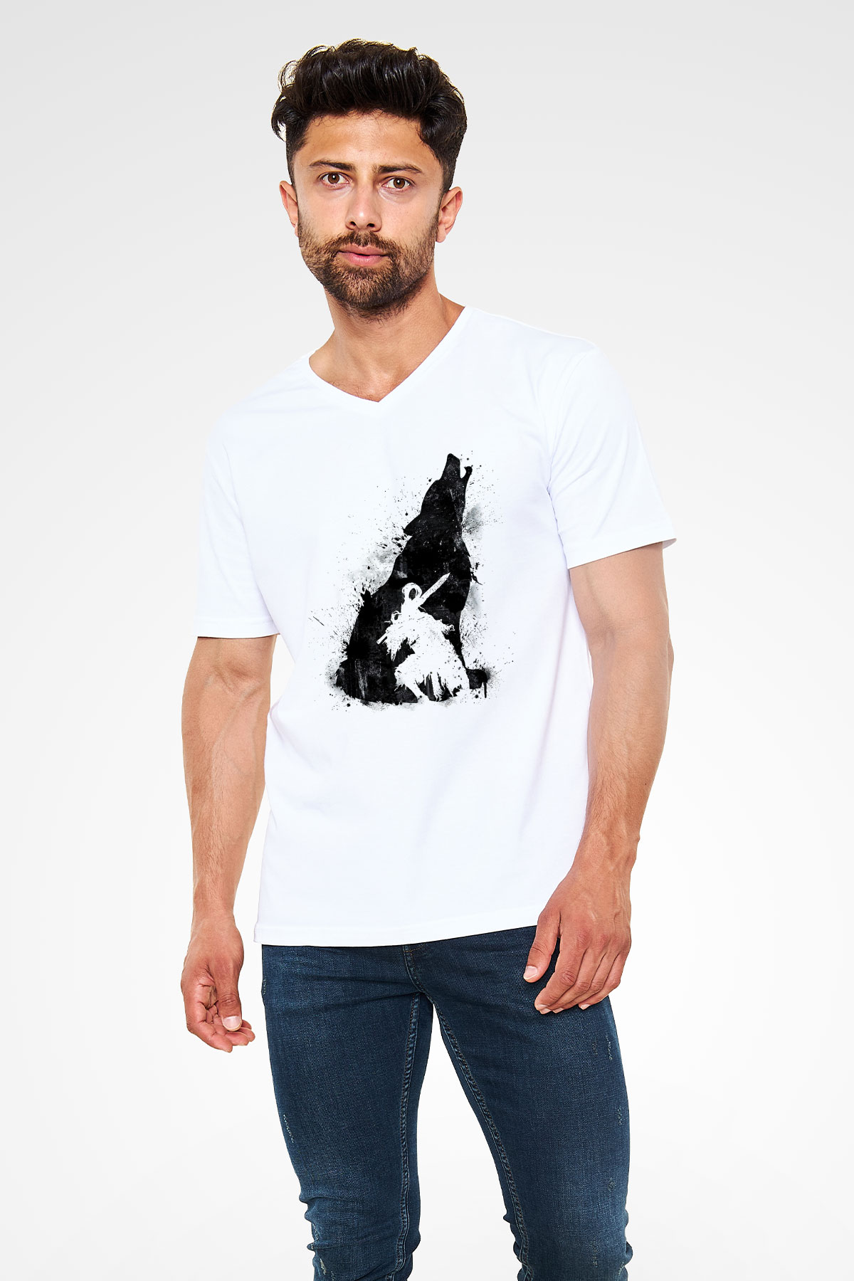 Dark Souls Baskılı Beyaz Unisex V Yaka Tişört - Tshirt