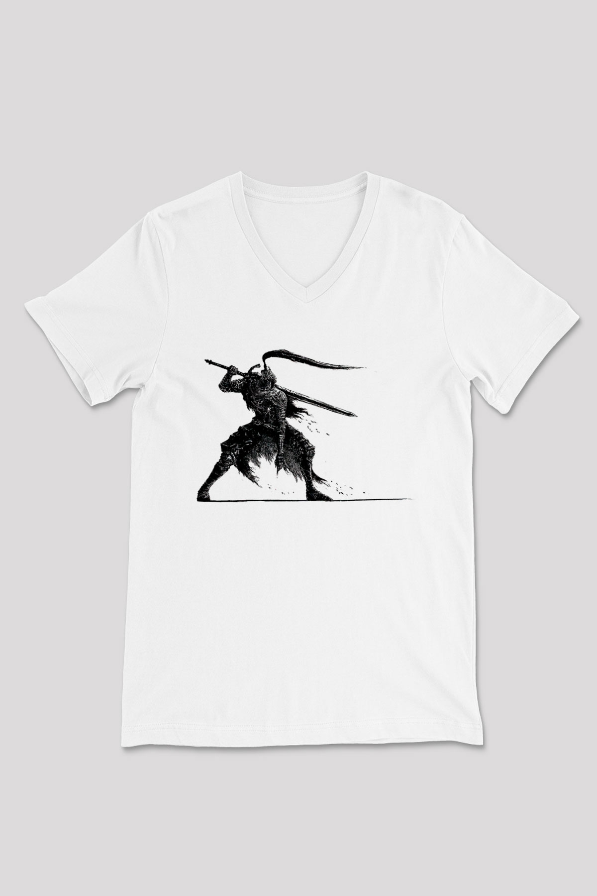 Dark Souls Baskılı Beyaz Unisex V Yaka Tişört - Tshirt