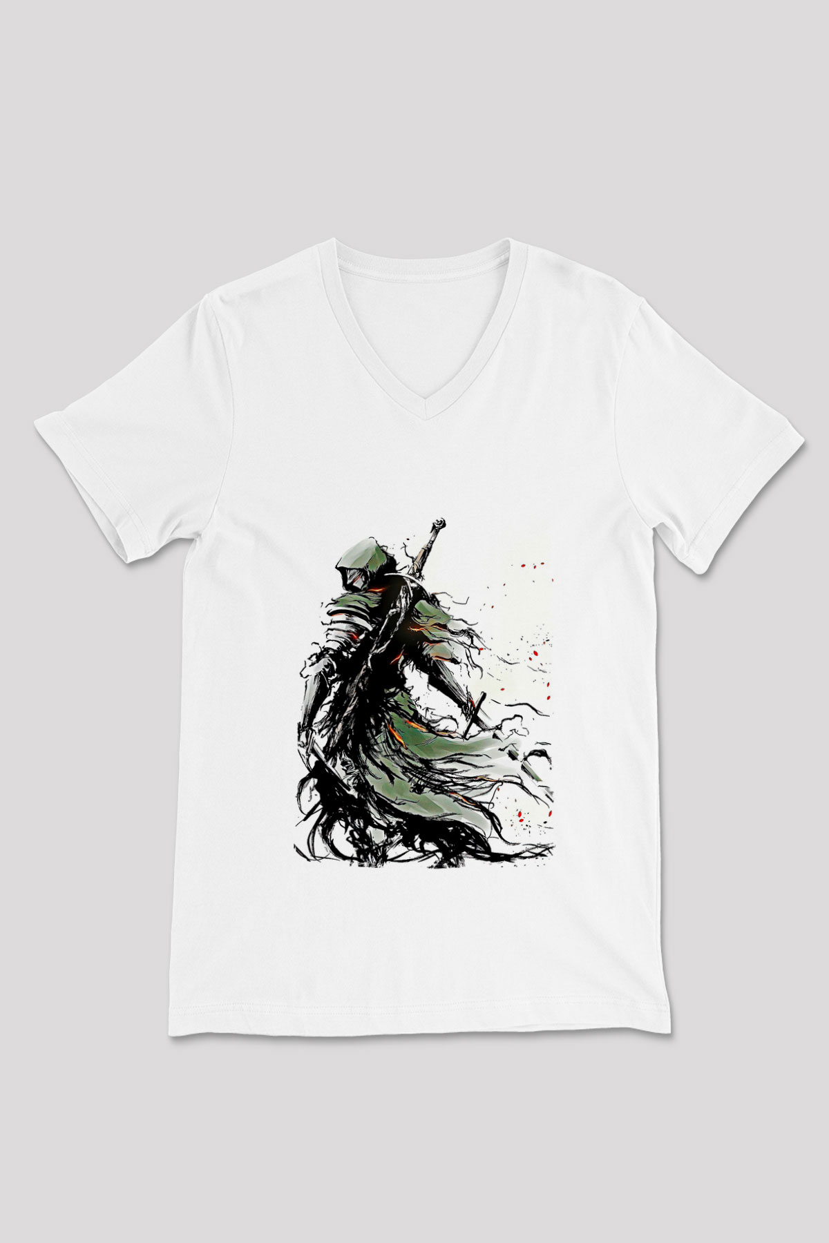 Dark Souls Baskılı Beyaz Unisex V Yaka Tişört - Tshirt