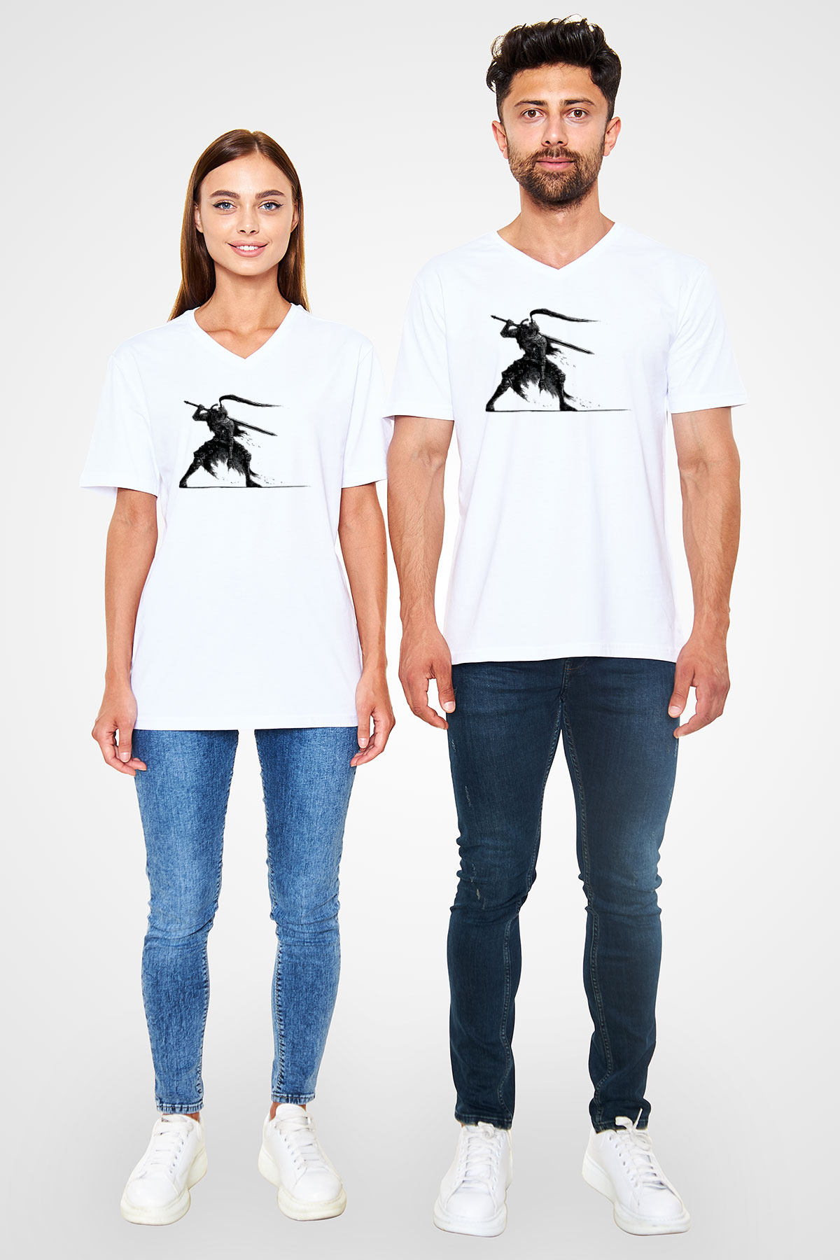 Dark Souls Baskılı Beyaz Unisex V Yaka Tişört - Tshirt