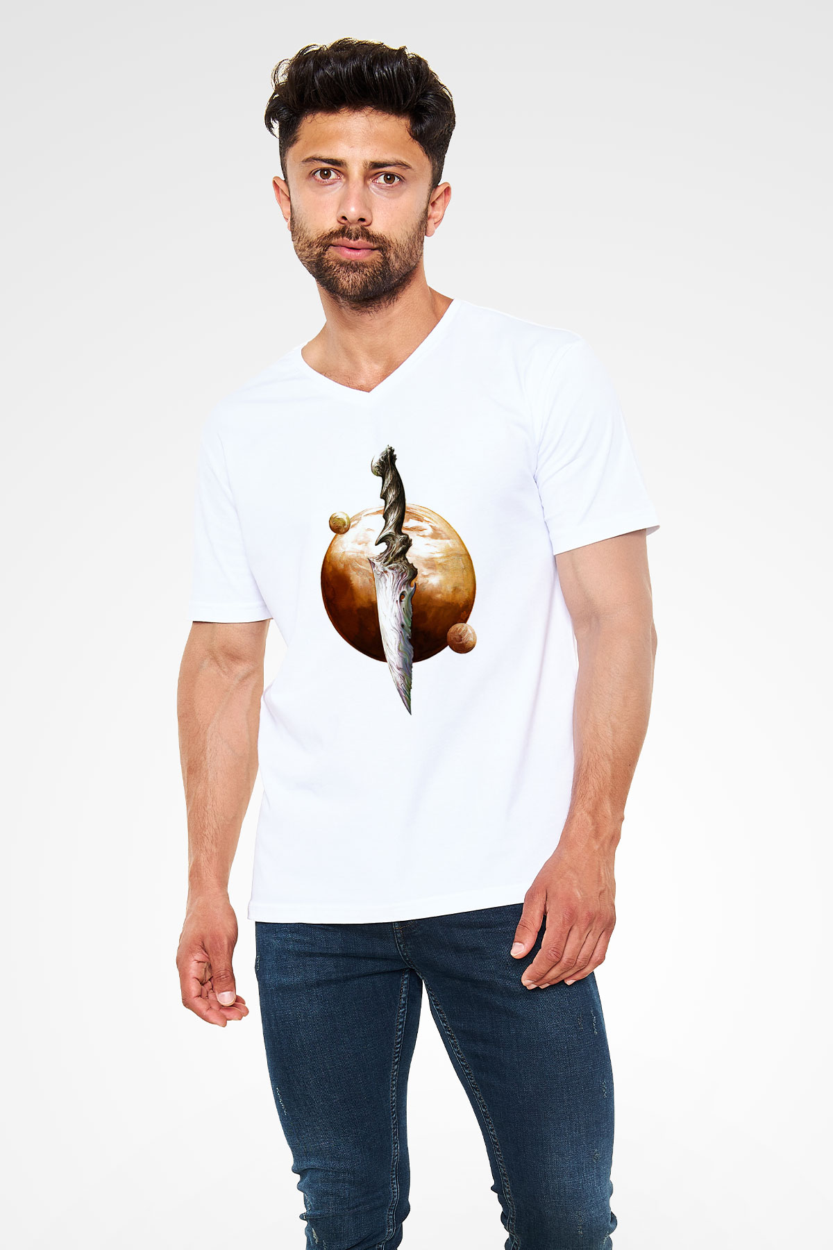 Dark Souls Baskılı Beyaz Unisex V Yaka Tişört - Tshirt