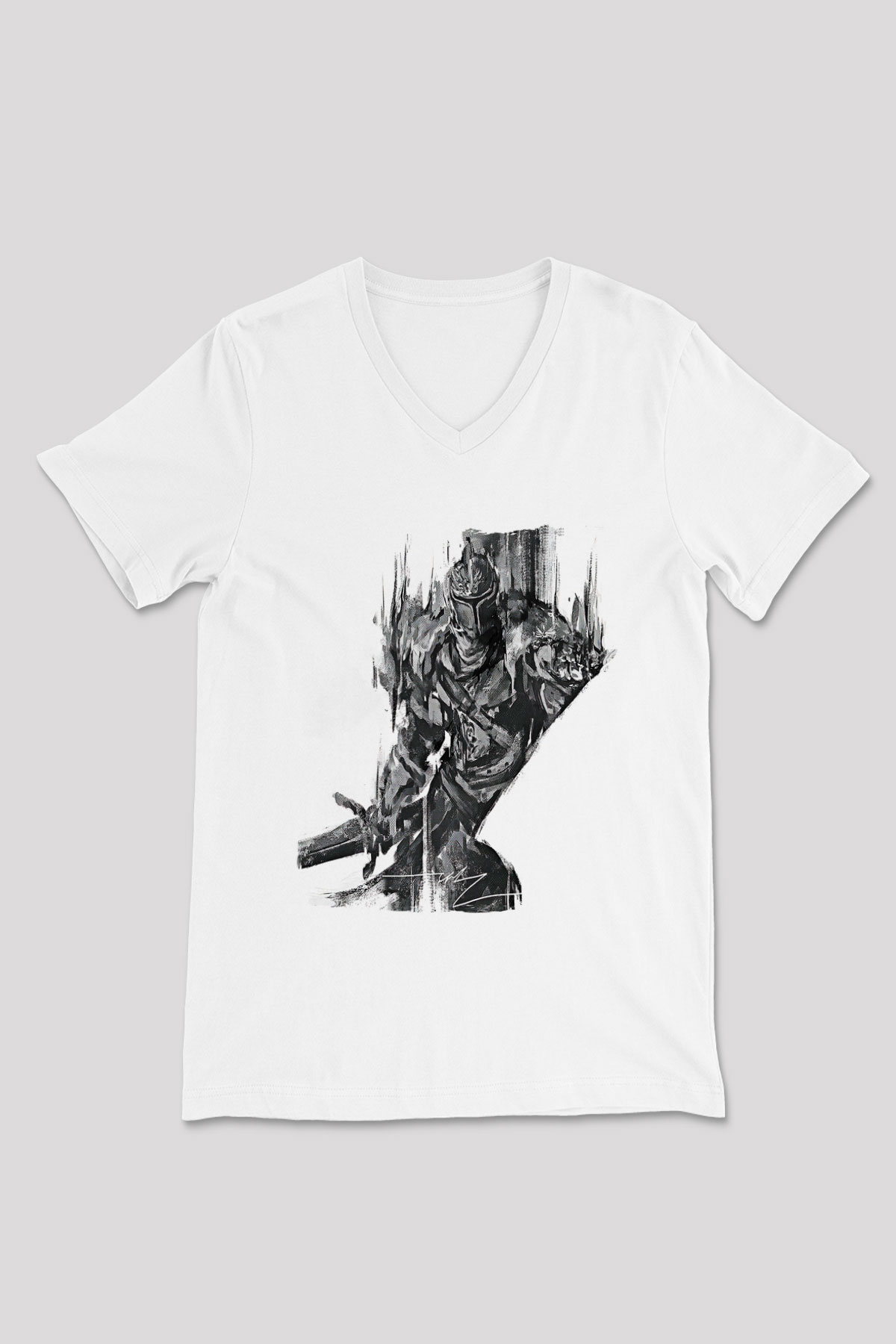 Dark Souls Baskılı Beyaz Unisex V Yaka Tişört - Tshirt